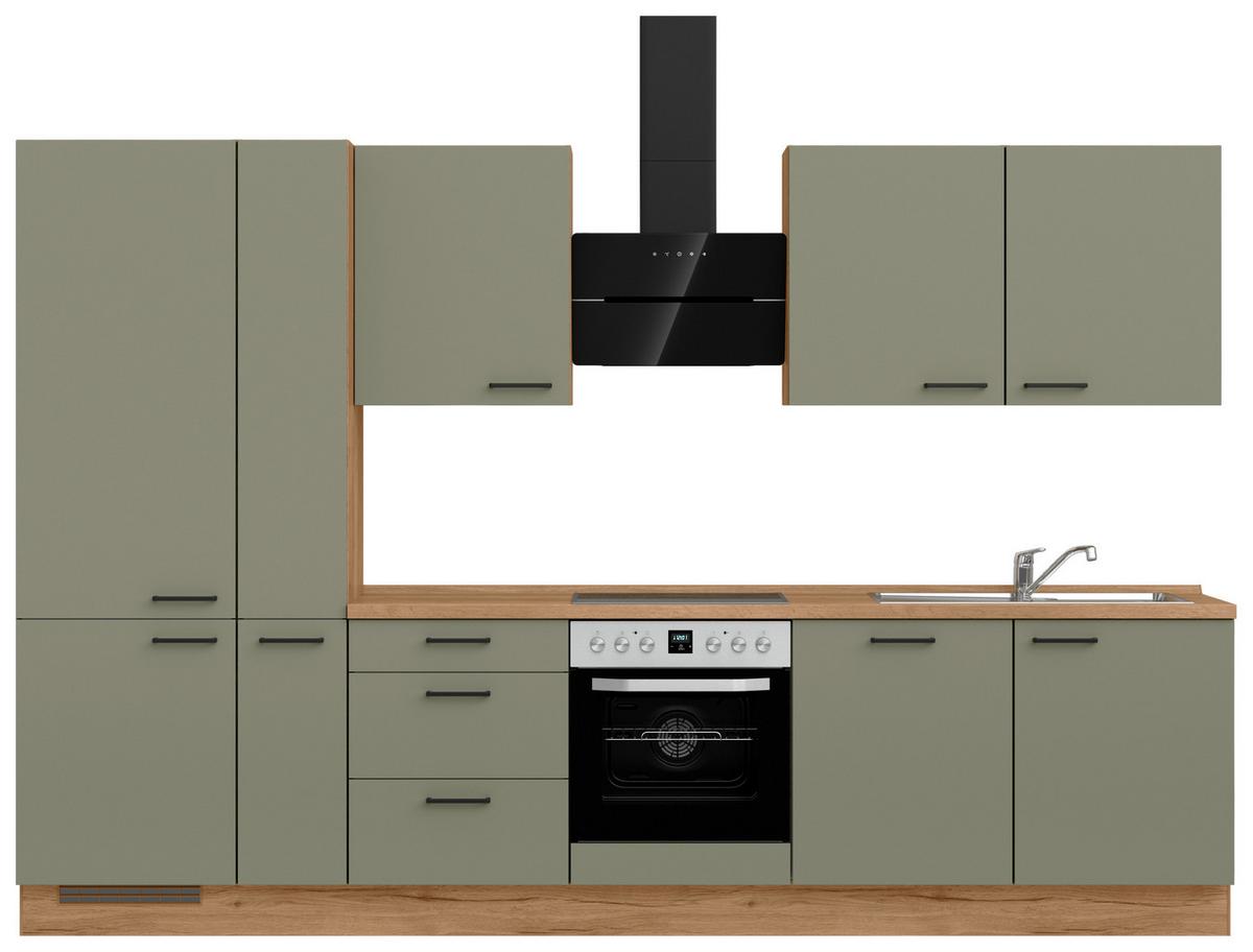 Kuchyňská linka 330 cm, olivově zelená - barvy dubu/černá, Romantický / Rustikální, kov/kompozitní dřevo (330cm) - Nobilia