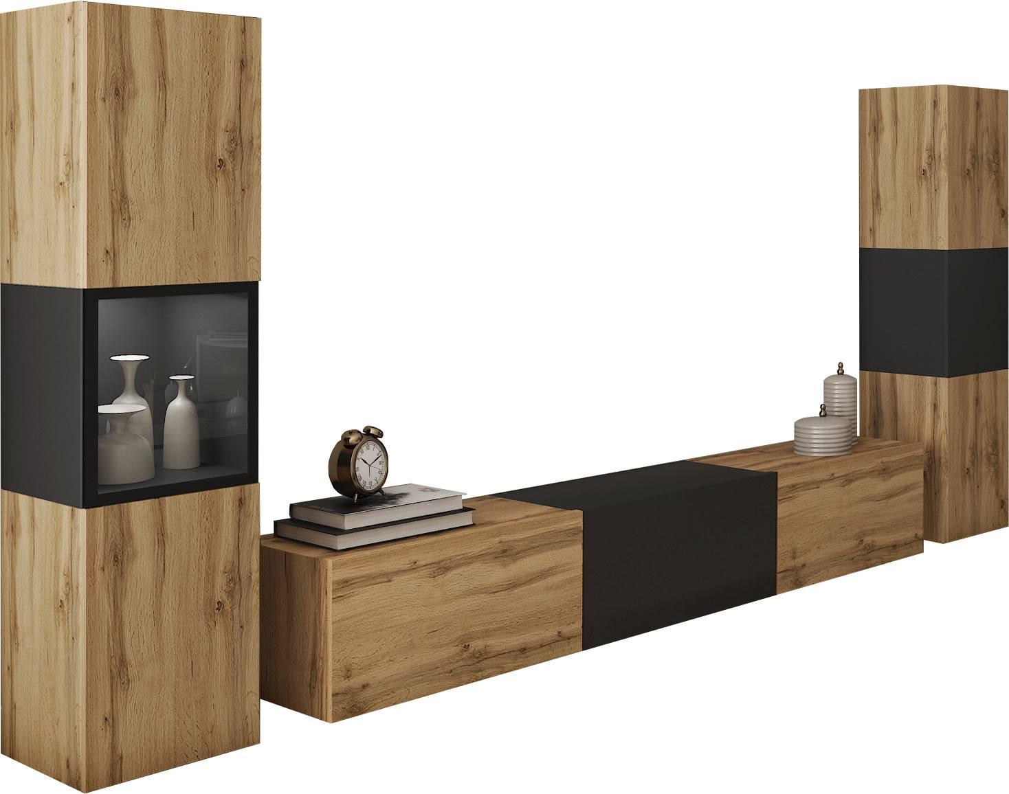 Wohnwand Berlin Iii Eiche Wotan/schwarz B: 240 Cm - Eiche Wotan/Schwarz, Design, Glas/Holzwerkstoff (240/130/31cm) - MID.YOU
