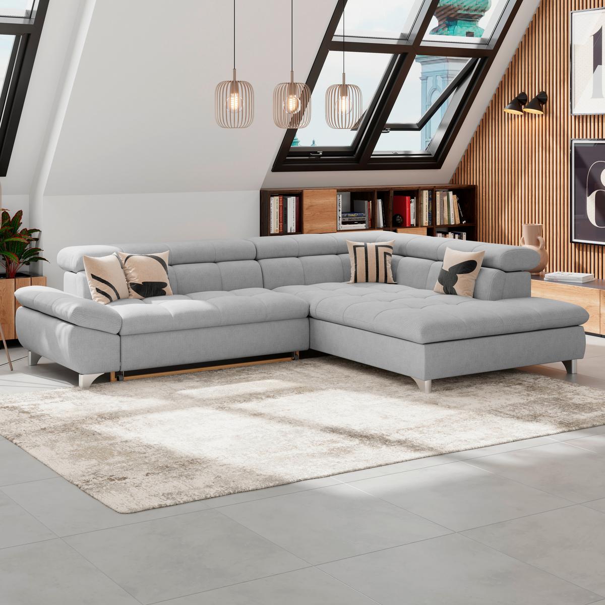 Rohová sedačka GEMINI, pravá, sivá ženilka - svetlosivá/chrómová, Konventionell, kov/textil (312/234cm)