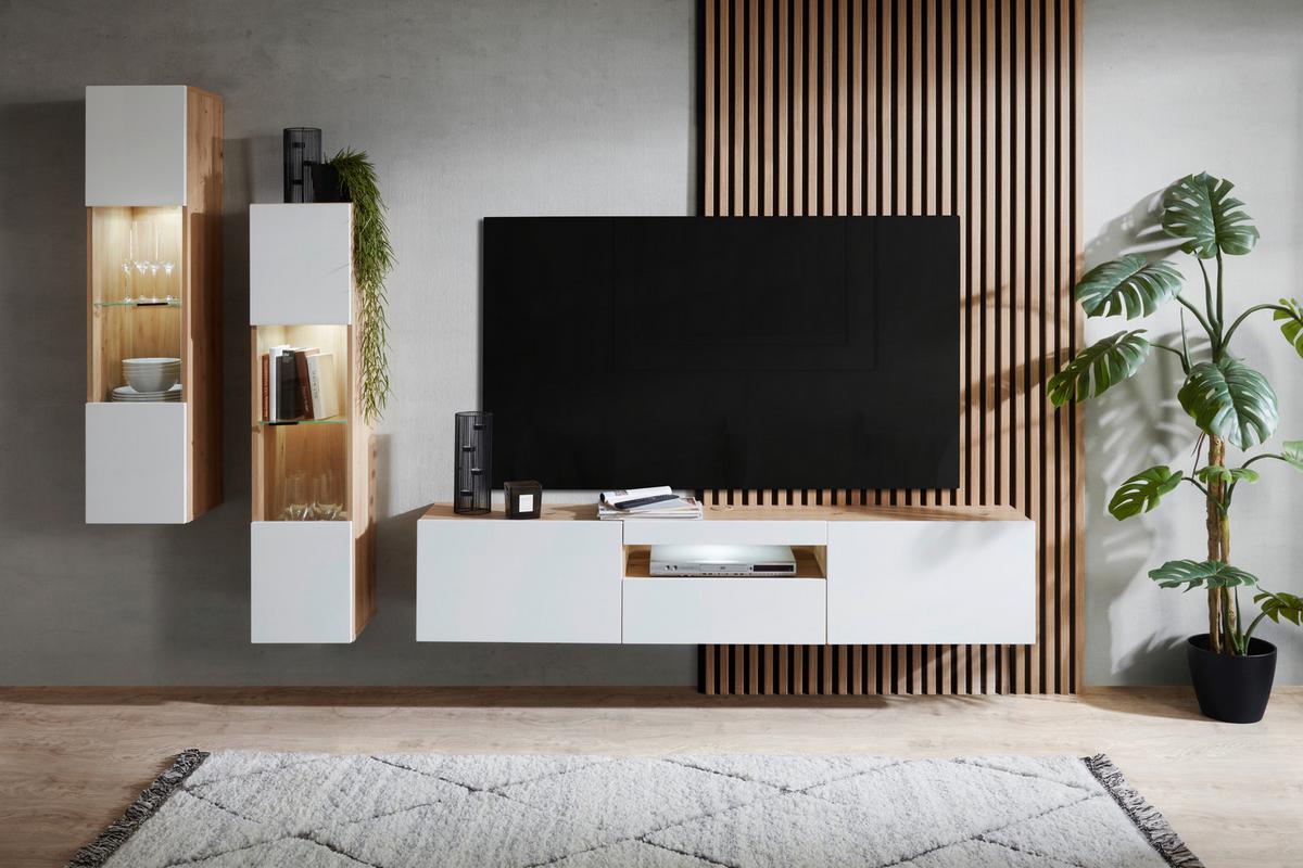 Hängevitrine Oslo - Eichefarben/Weiß Hochglanz, MODERN, Glas/Holzwerkstoff (30/130,2/31,6cm)