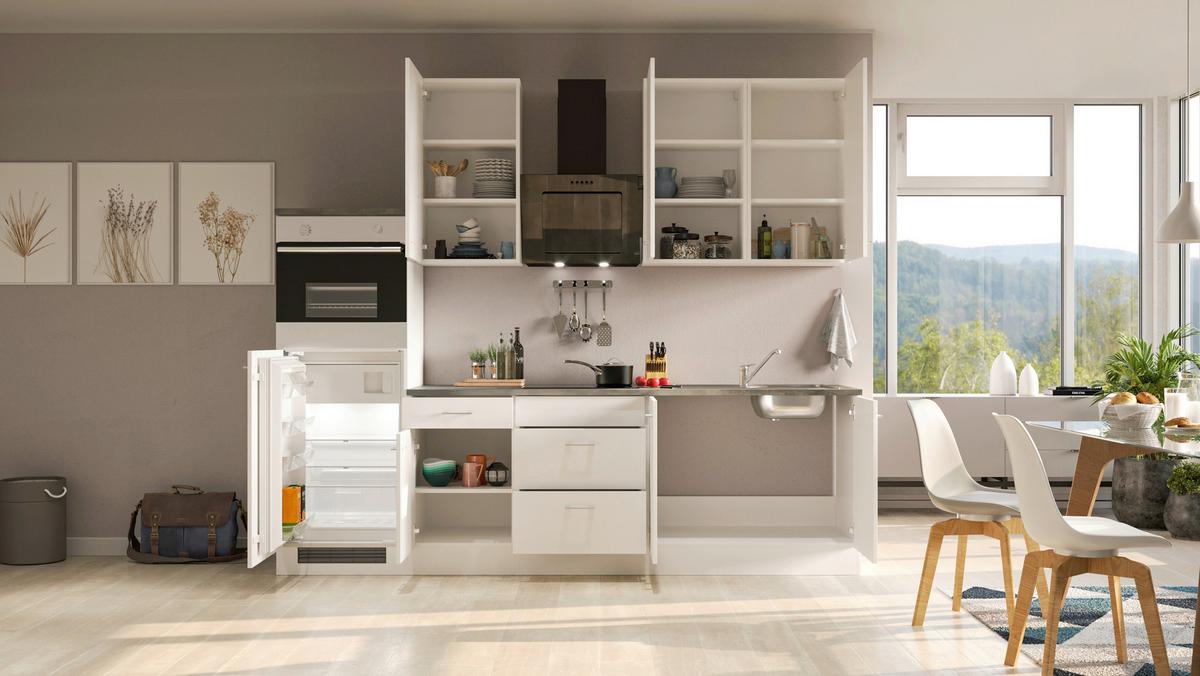 Küchenzeile Lucca M. Geräten 270 Cm Weiß Dekor Modern - Graubraun/Weiß, KONVENTIONELL, Holzwerkstoff (270cm) - FlexWell