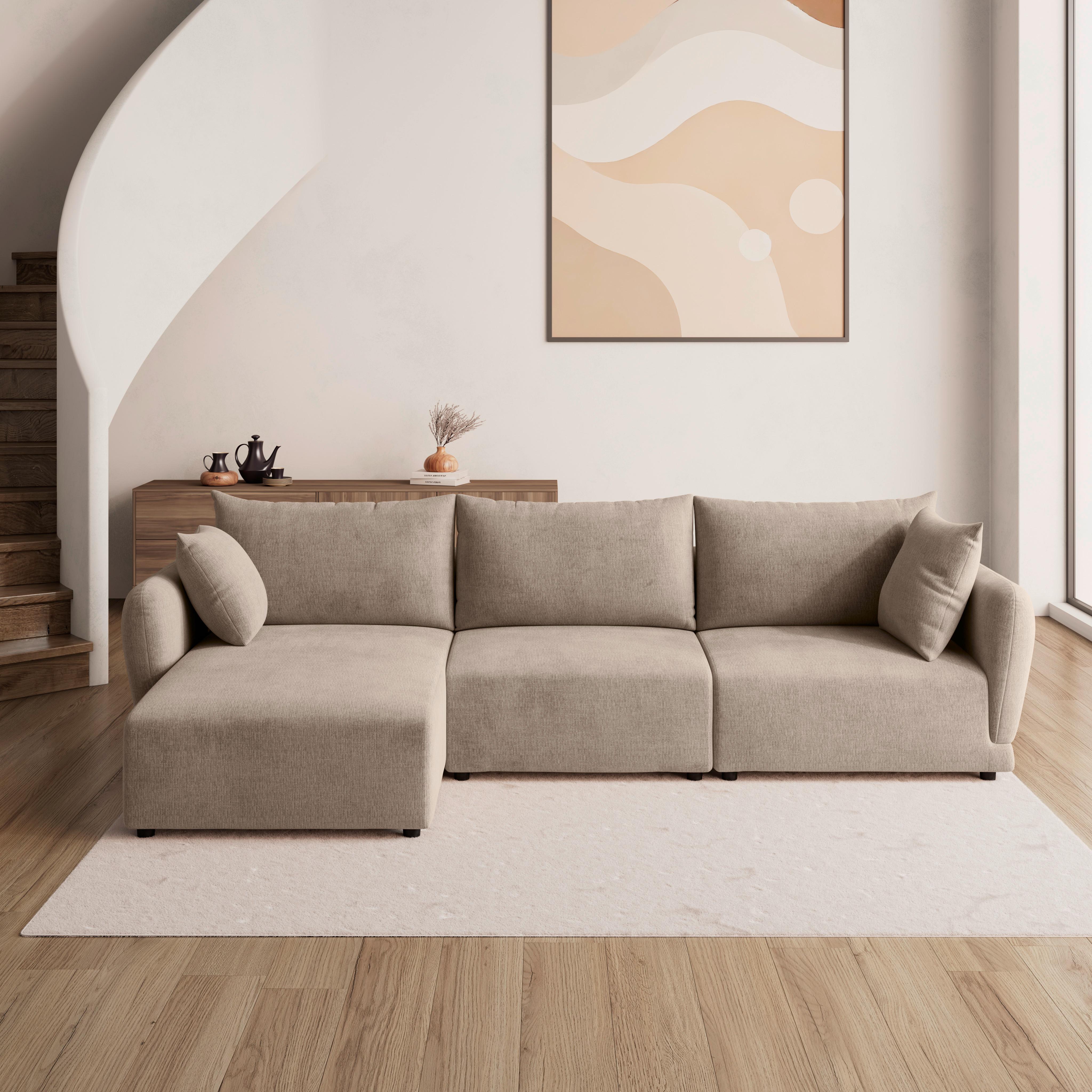Sedací souprava NICOLE, levá, béžová, max. do 480 kg - černá/šedobéžová, Moderní, dřevo/textil (162/87/306cm) - Bessagi Home
