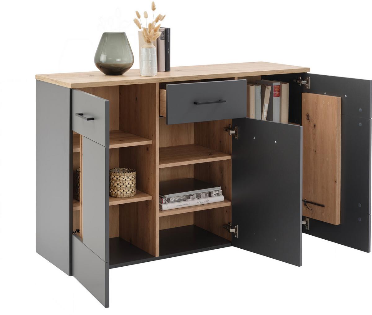 Sideboard B: 128,4cm Amare Artisan Eiche/anthrazit - Schwarz, MODERN, Holzwerkstoff (128,4/87/40cm)