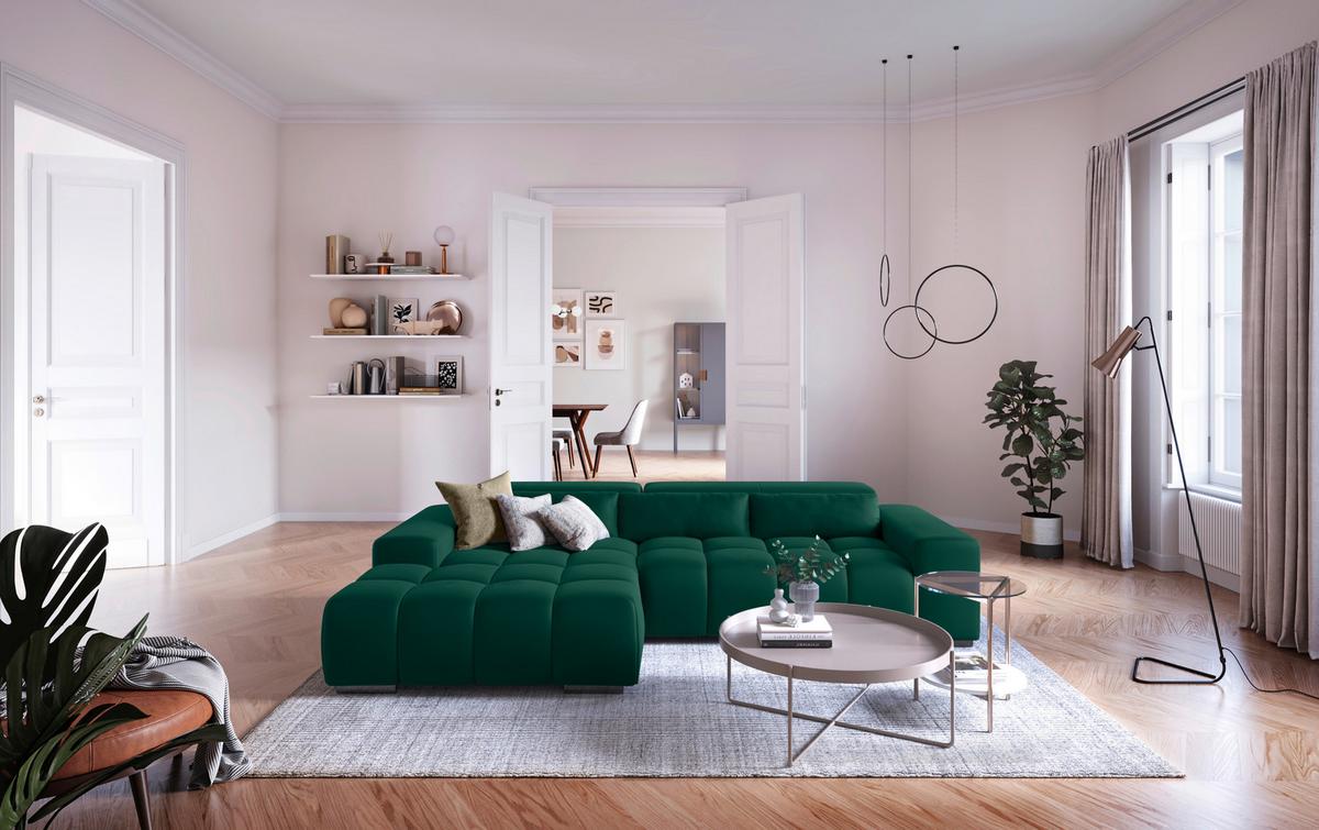Ecksofa mit Relaxfunktion Orion Kopfstütze Klappbar Grün - Silberfarben/Grün, KONVENTIONELL, Textil (186/307cm) - Livetastic