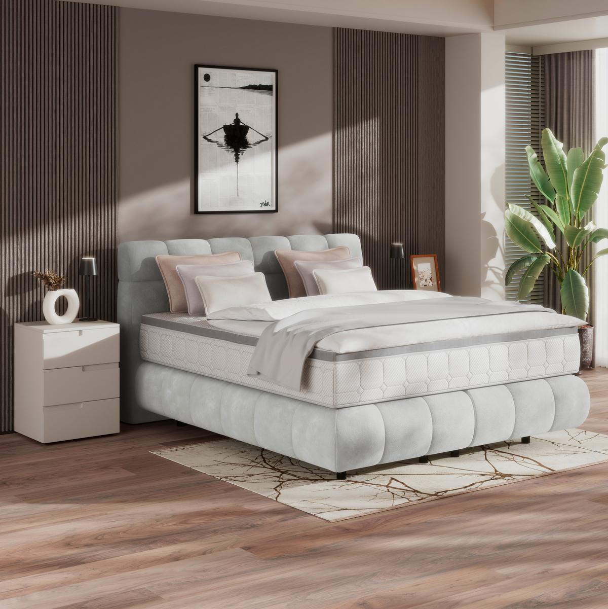 Boxspringbett Nobu Hellgrau, Lf: 180x200 Cm - Hellgrau/Schwarz, Trend, Holz/Textil (180/200cm)