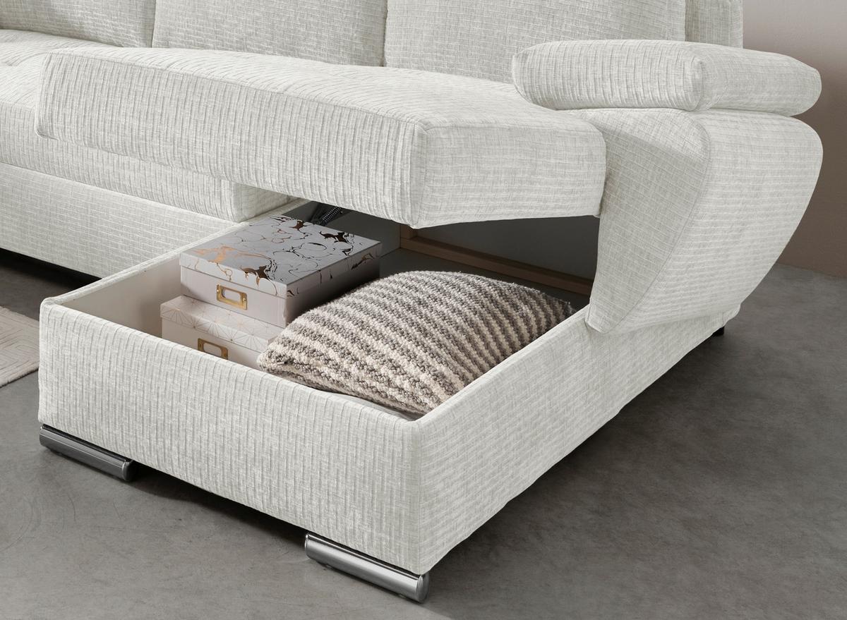 Wohnlandschaft Terana Creme mit Schlaffunktion, Mikrofaser - Chromfarben/Creme, KONVENTIONELL, Textil (219/305/157cm) - Livetastic