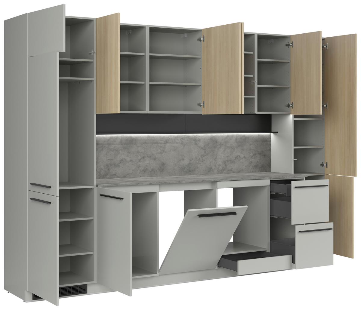 Kuchynská linka MILINO MEDIUM vrát.obkladu a LED regálu - čierna/sivá, Basics, kompozitné drevo/plast (345cm) - Visiona