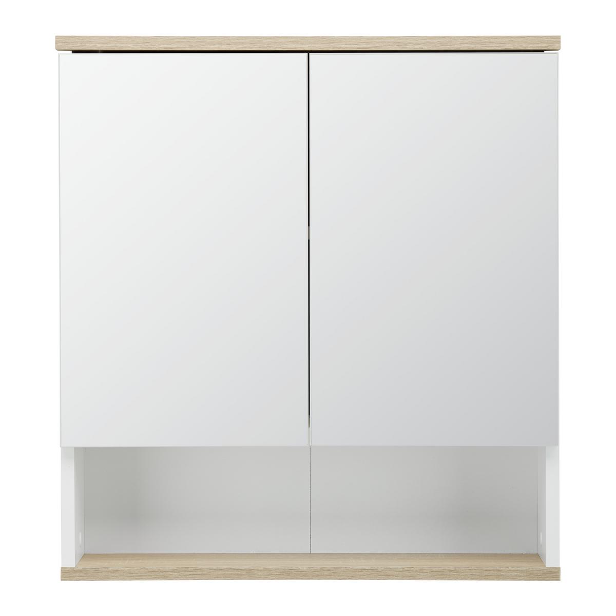 Spiegelschrank Yasmin 2-Türig BHT: 60x65x14 cm, offenes Fach - Eichefarben/Weiß, Basics, Glas/Holzwerkstoff (60/65/13,9cm) - MID.YOU