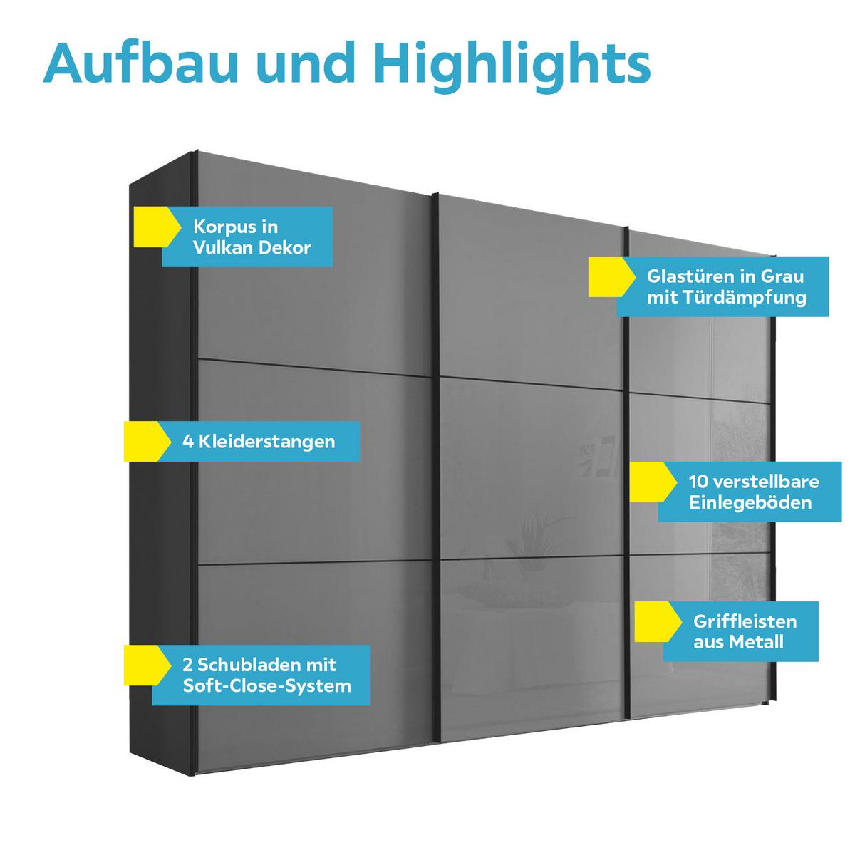 Schwebetürenschrank Glasfront 298 Cm Includo, Hellgrau - Dunkelgrau/Hellgrau, MODERN, Glas/Holzwerkstoff (298/222/68cm)