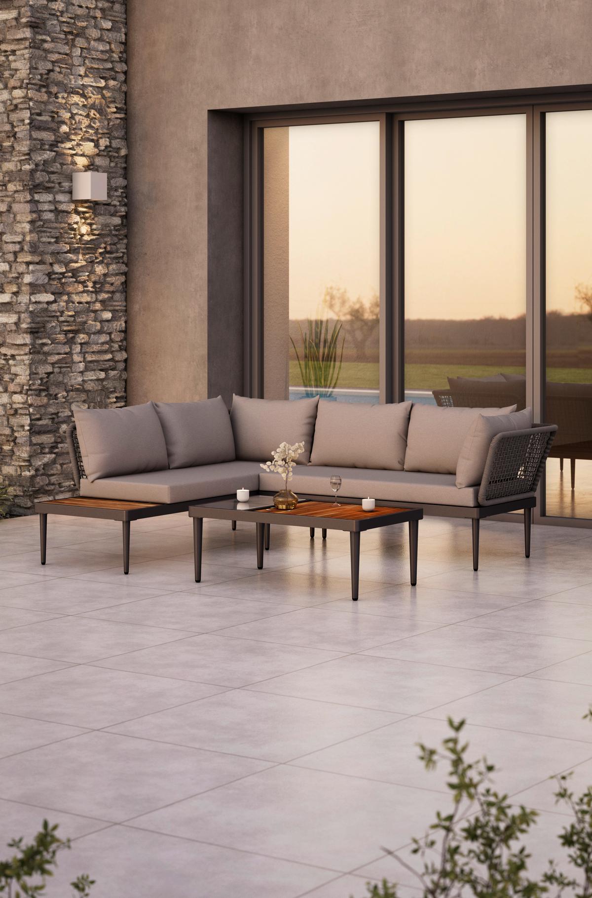 Loungegarnitur 3-Tlg. Basel aus Holz/Metall mit Kissen - Naturfarben/Grau, MODERN, Glas/Holz (186/150cm) - Beldano