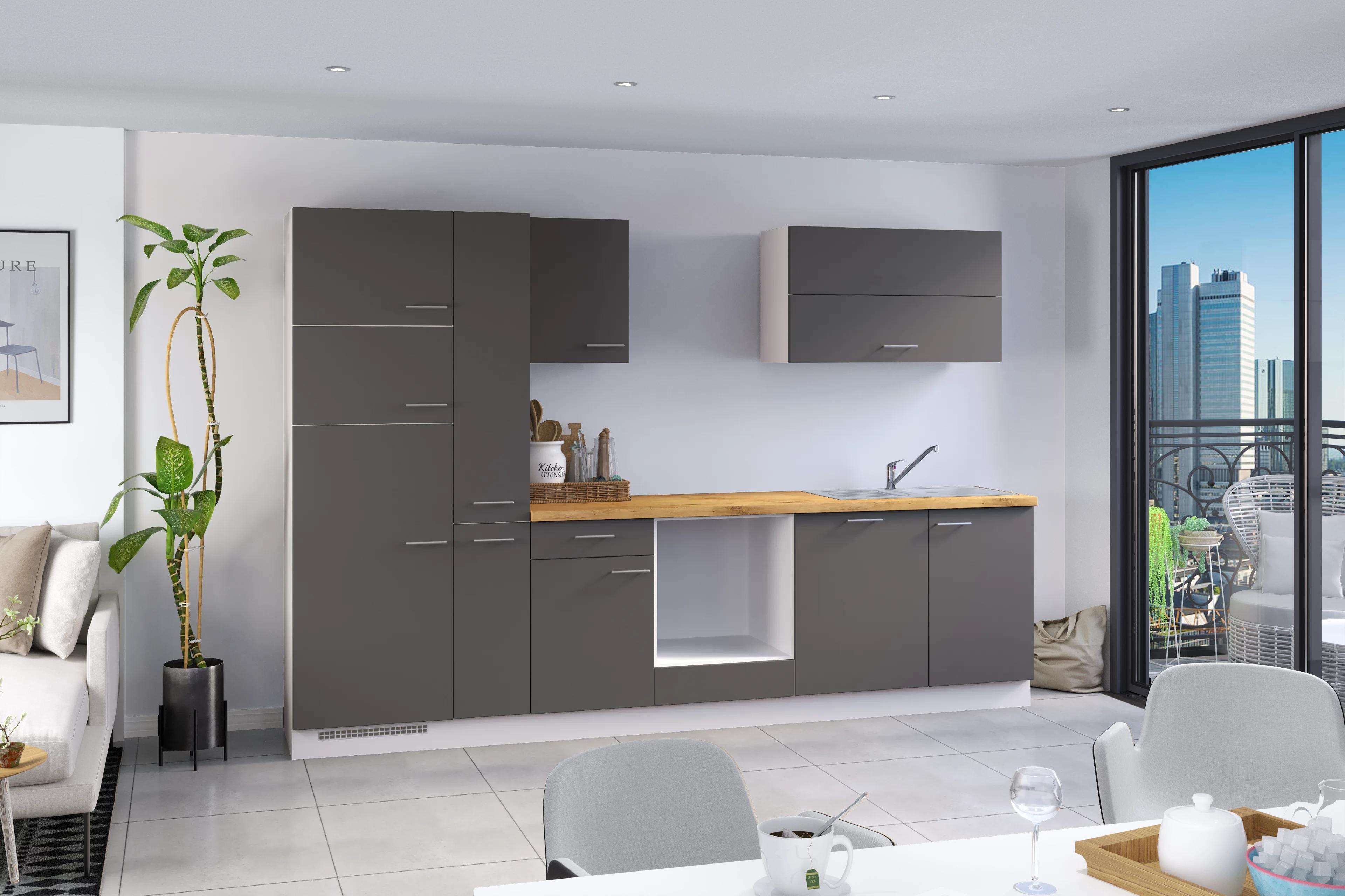 Küchenzeile Ip1200 ohne Geräte 310 cm Grafit / Eiche - Eichefarben/Graphitfarben, Basics, Holzwerkstoff (310cm) - Impuls