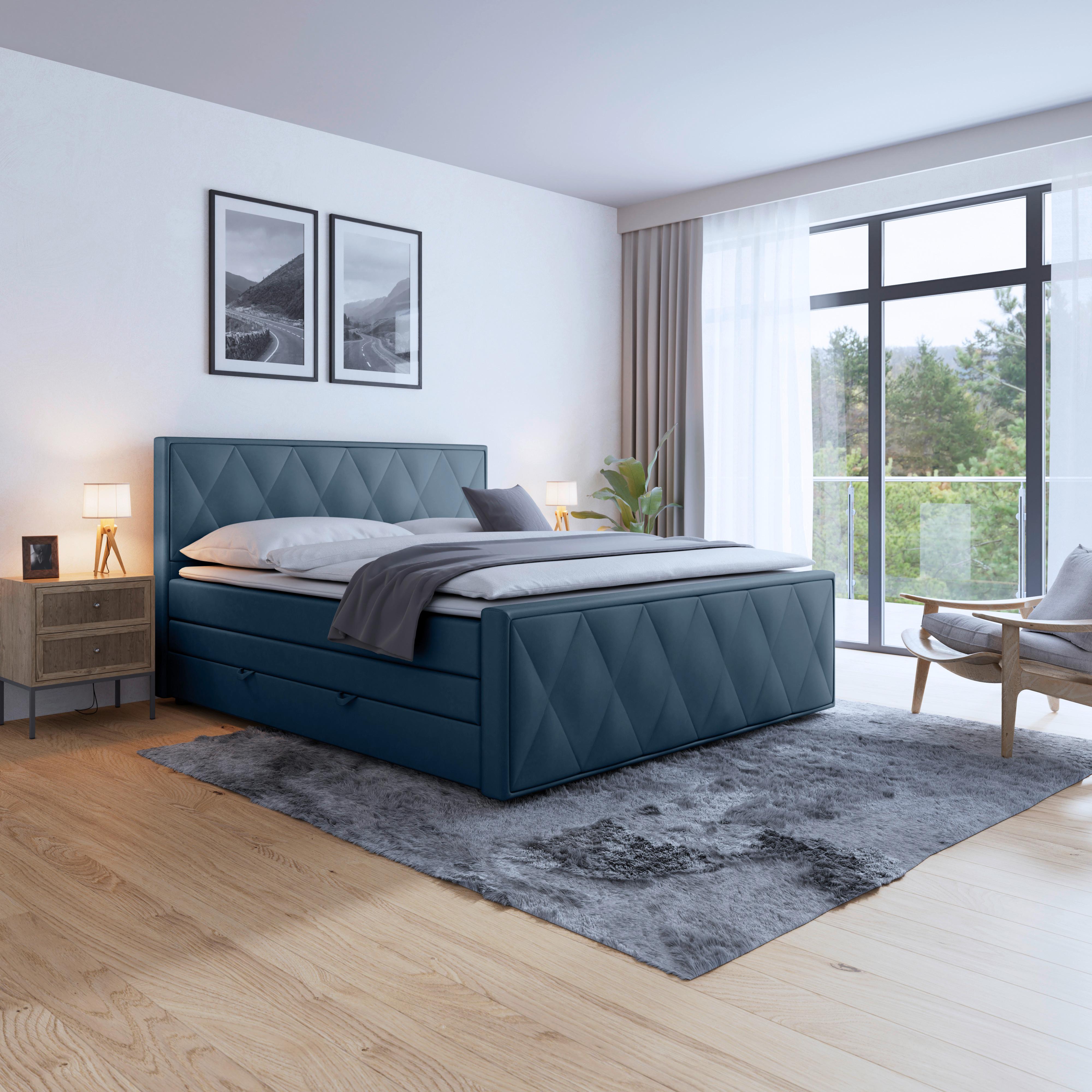 Boxspringbett Mit Bettkasten 180x200 Cm Porto Blau - Blau/Schwarz, MODERN, Holz/Kunststoff (180/200cm) - MID.YOU