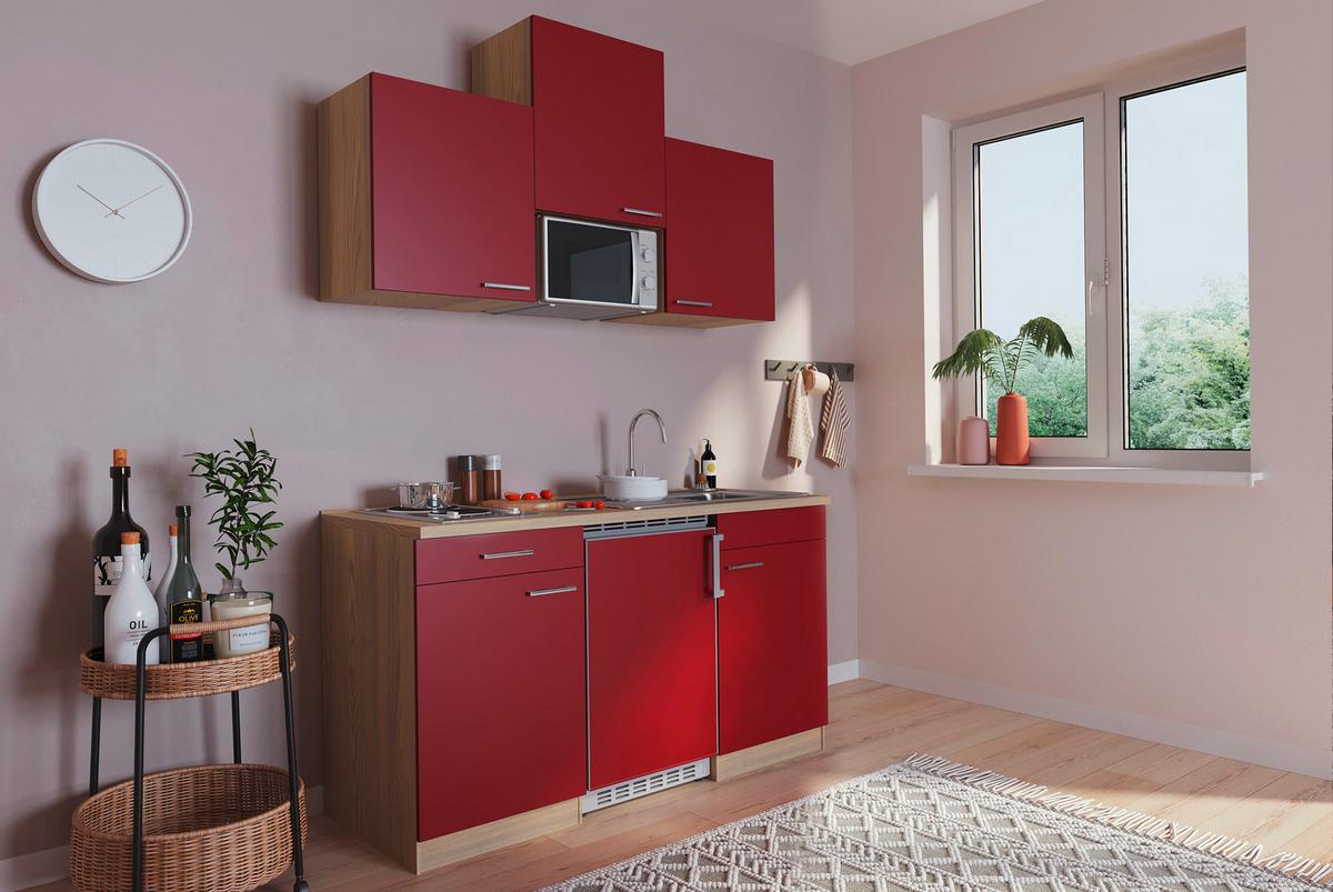 Miniküche M. Mikrowelle + Kühlschrank 150 Cm Rot/eiche - Rot, Basics, Holzwerkstoff (150cm) - Respekta
