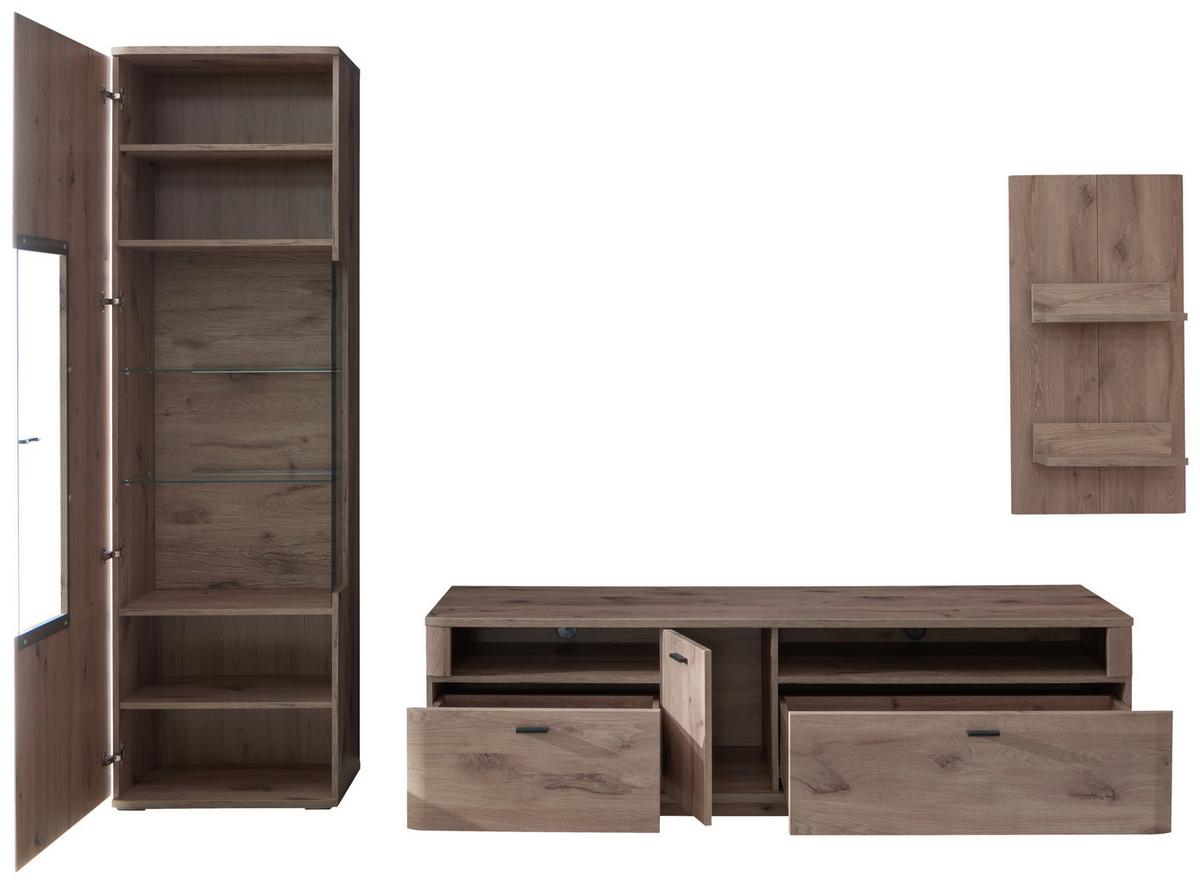 Wohnwand Prato Eiche Dekor B: 270 cm - Eichefarben, Design, Glas/Holzwerkstoff (270/199/50cm) - MID.YOU