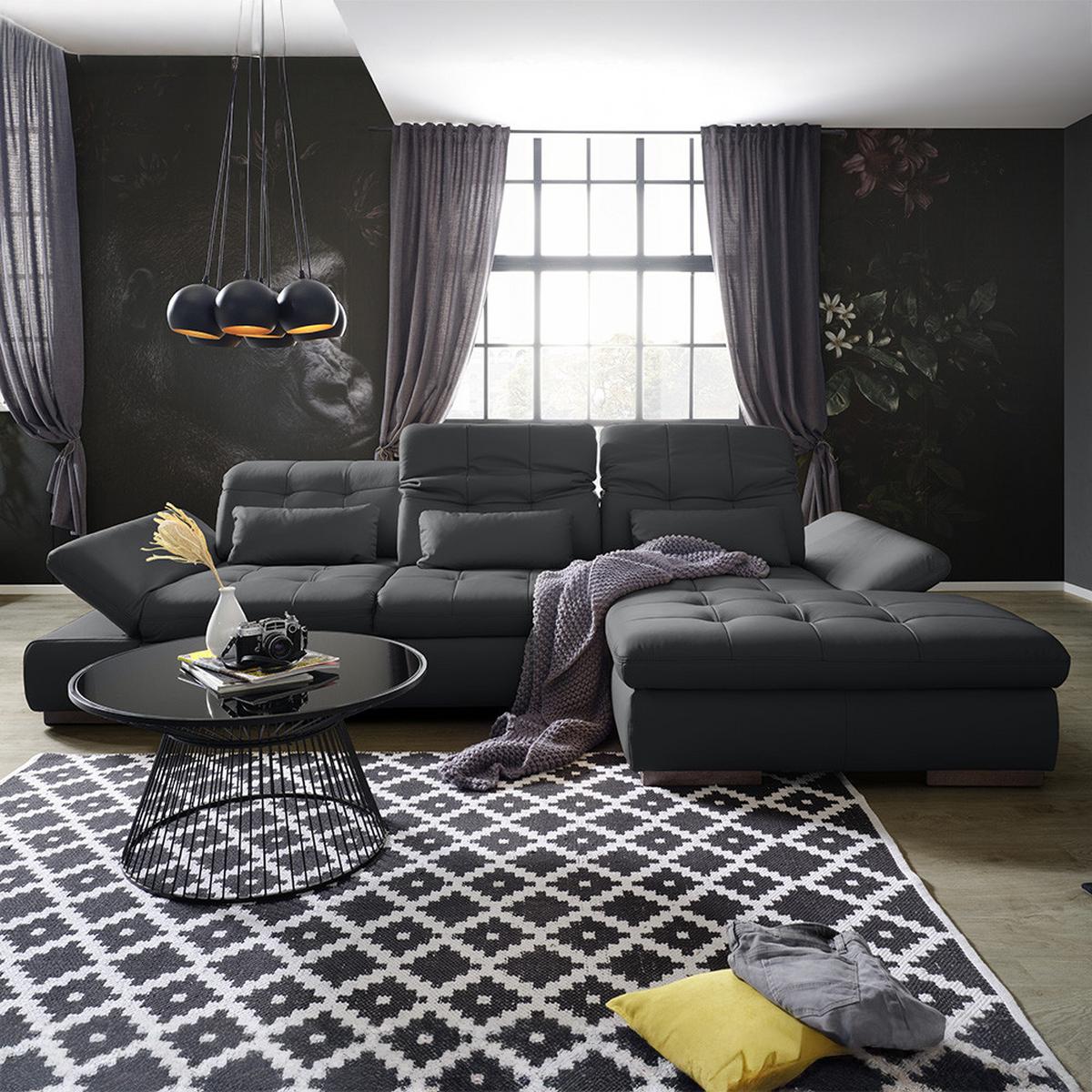 Rohová sedačka SANFINO, pravá, čierna pravá koža - čierna/chrómová, Konventionell, kov/koža (305/79-96/199cm) - Premium Living