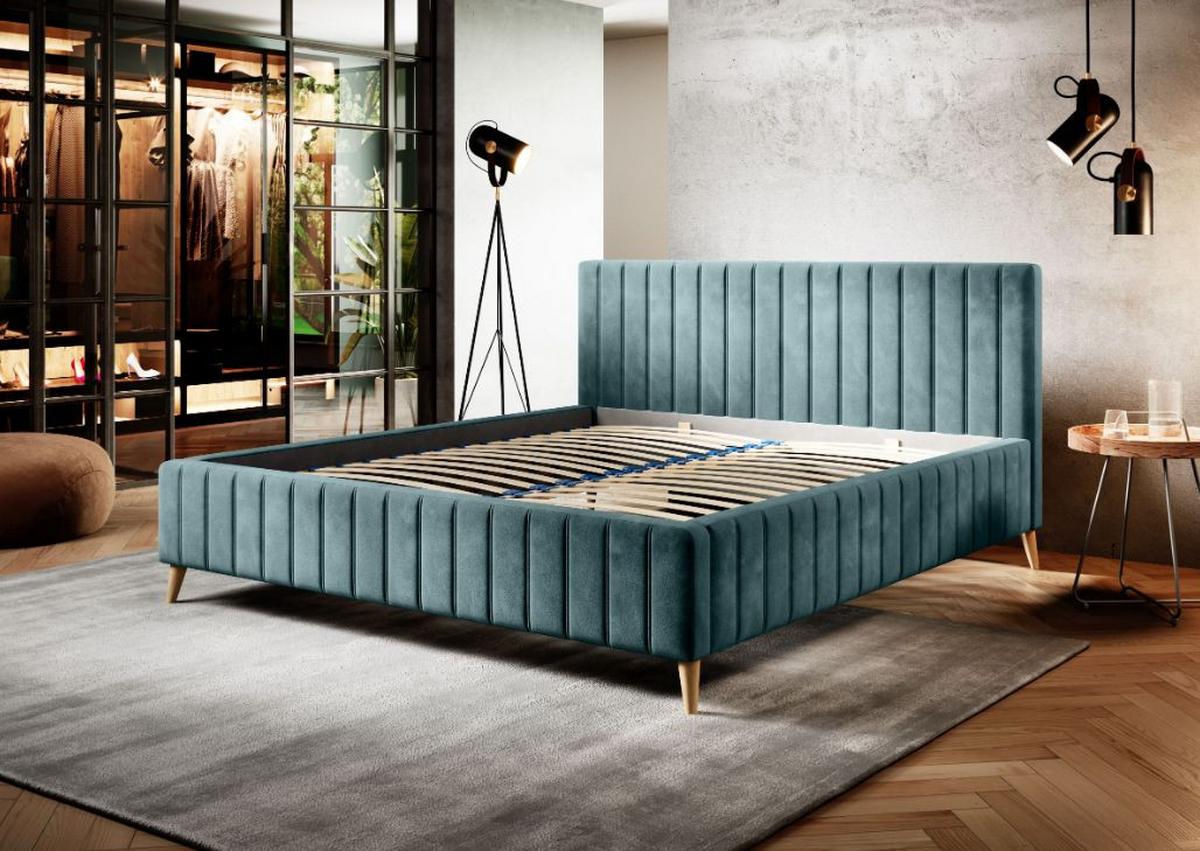 Posteľ Tamina s roštom a úložným priestorom 160x200cm - prírodná farba/tyrkysová, Design, drevo/textil (160/200cm)