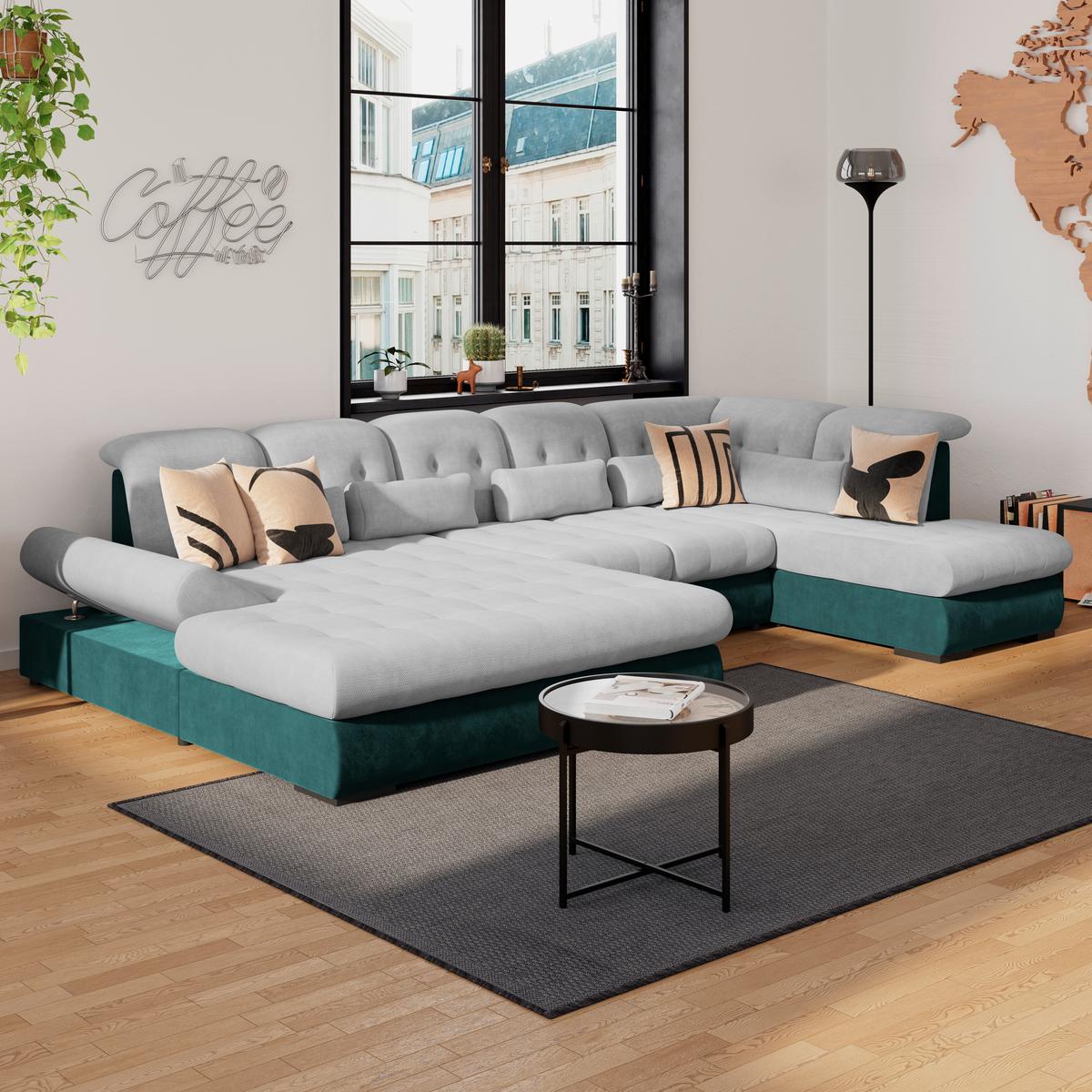 Wohnlandschaft Madera Silberfarben S: 358x212 cm - Türkis/Silberfarben, KONVENTIONELL, Kunststoff/Textil (190/358/212cm)