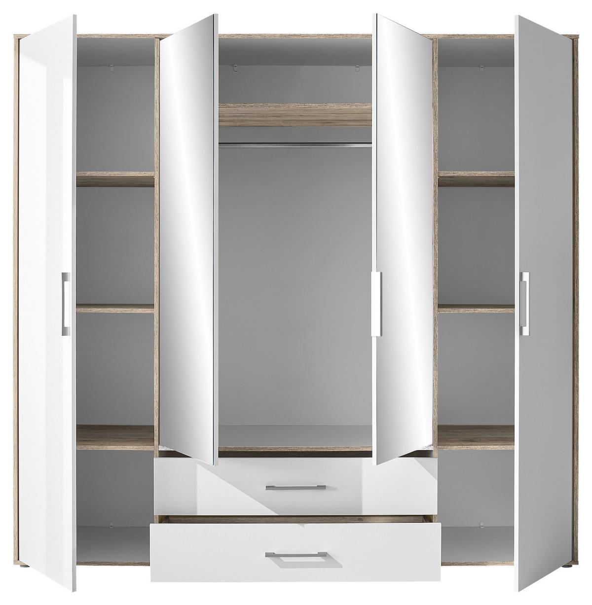 Kleiderschrank Mit Spiegel 4trg Lembo San Remo/weiß B: 206 Cm - Alufarben/Weiß, KONVENTIONELL, Glas/Holzwerkstoff (206/195/60cm)