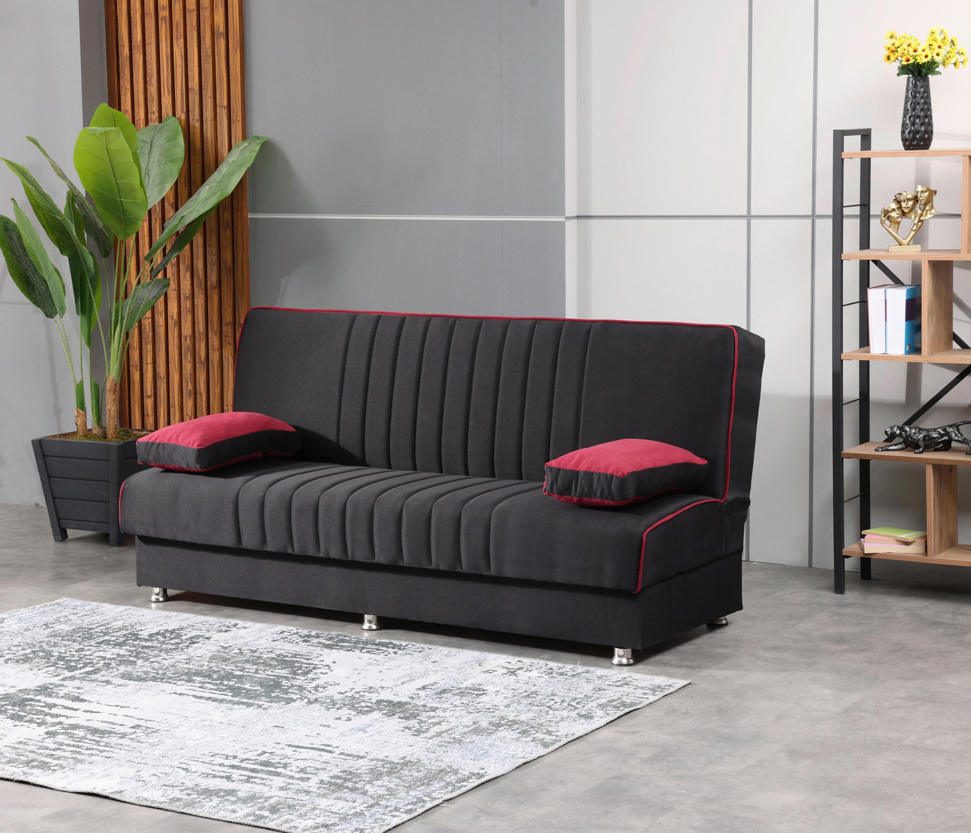 3-Sitzer-Sofa Eslano Mit Schlaffunktion Schwarz/Rot - Chromfarben/Schwarz, Design, Textil (190/87/87cm) - Livetastic
