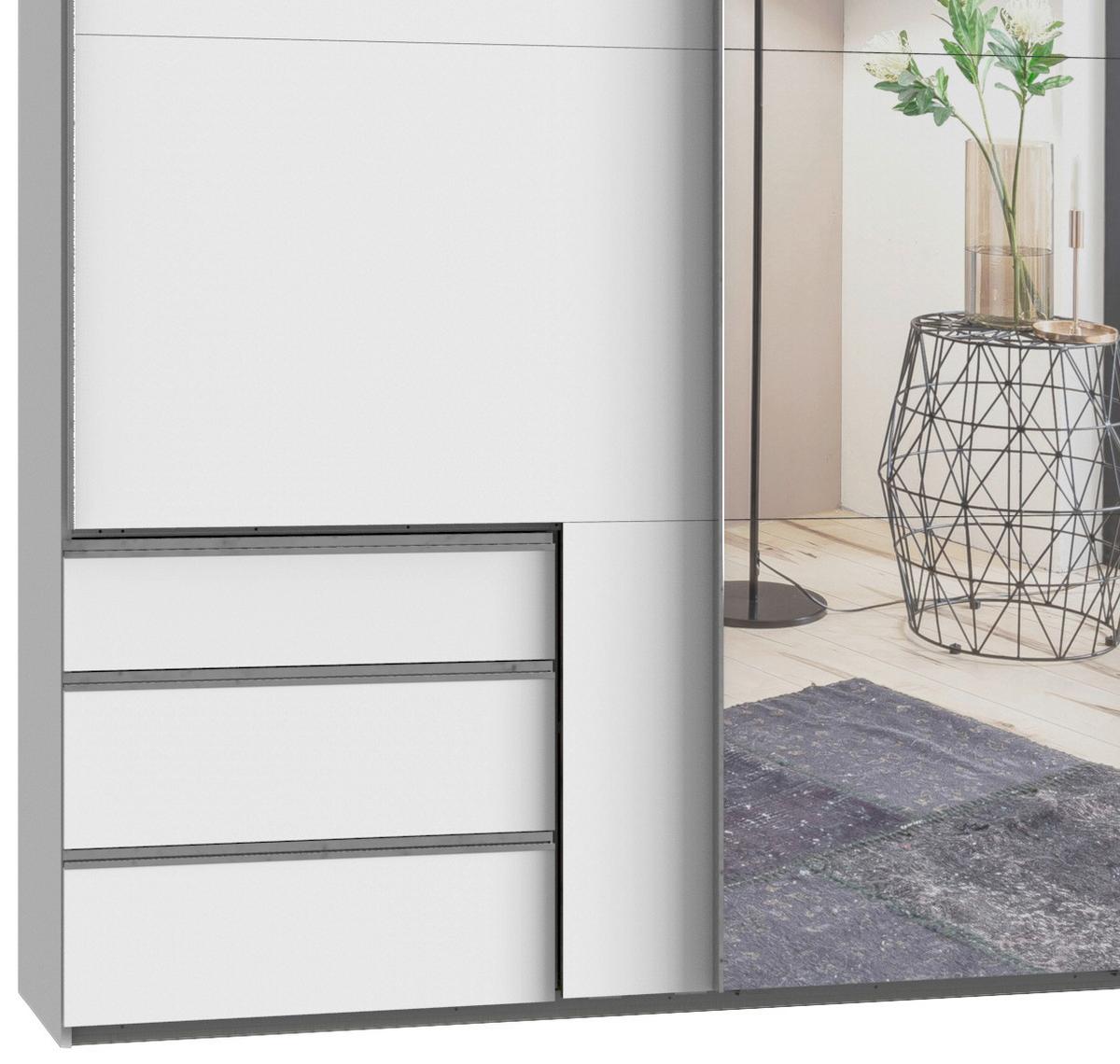 Schwebetürenschrank Mit Spiegel + Laden 350cm Level 36a, Weiß - Silberfarben/Weiß, Basics, Holzwerkstoff (350/216/65cm) - MID.YOU