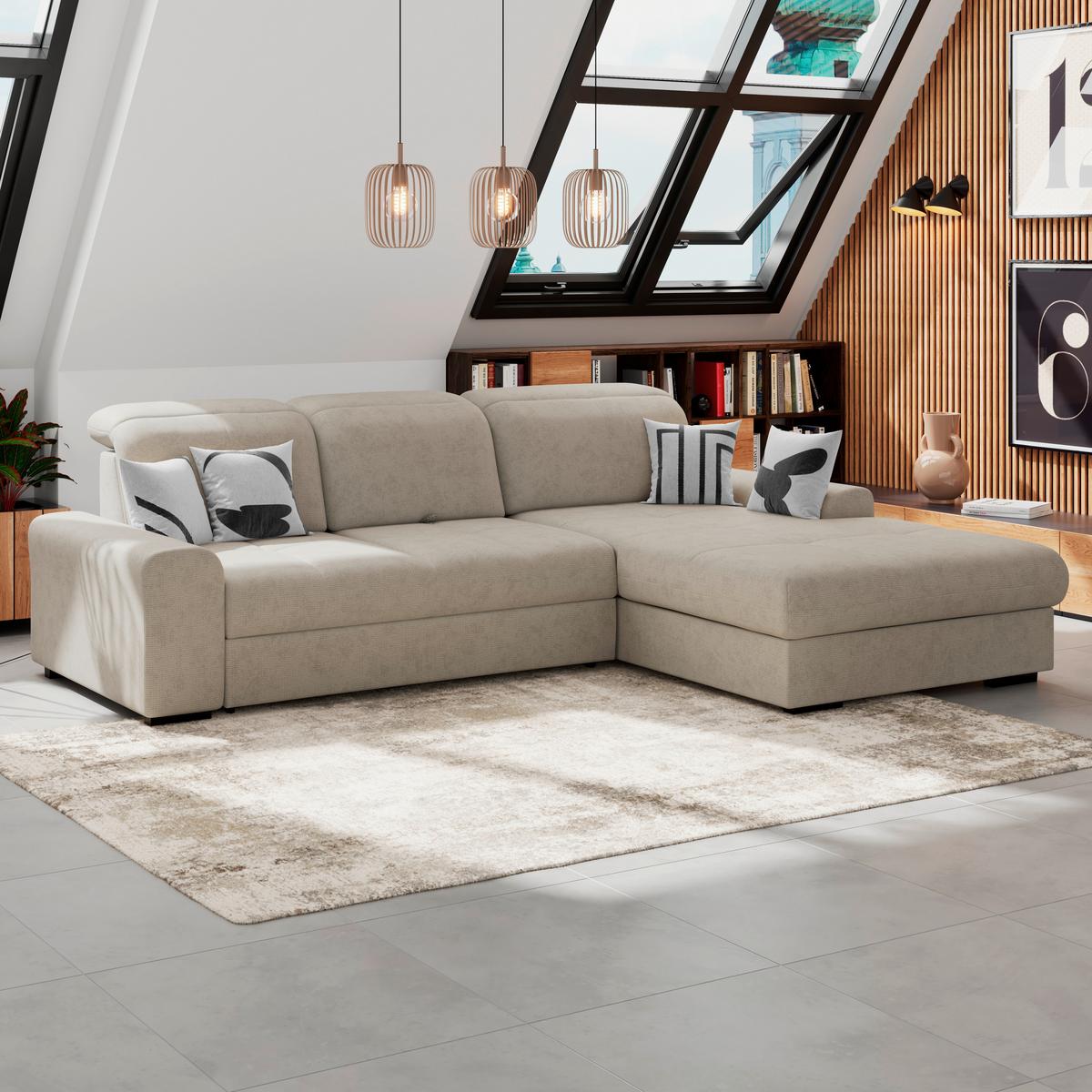 Ecksofa mit Bettfunktion Malaga new Chenille beige - Beige/Schwarz, KONVENTIONELL, Textil (286/203cm) - Ondega