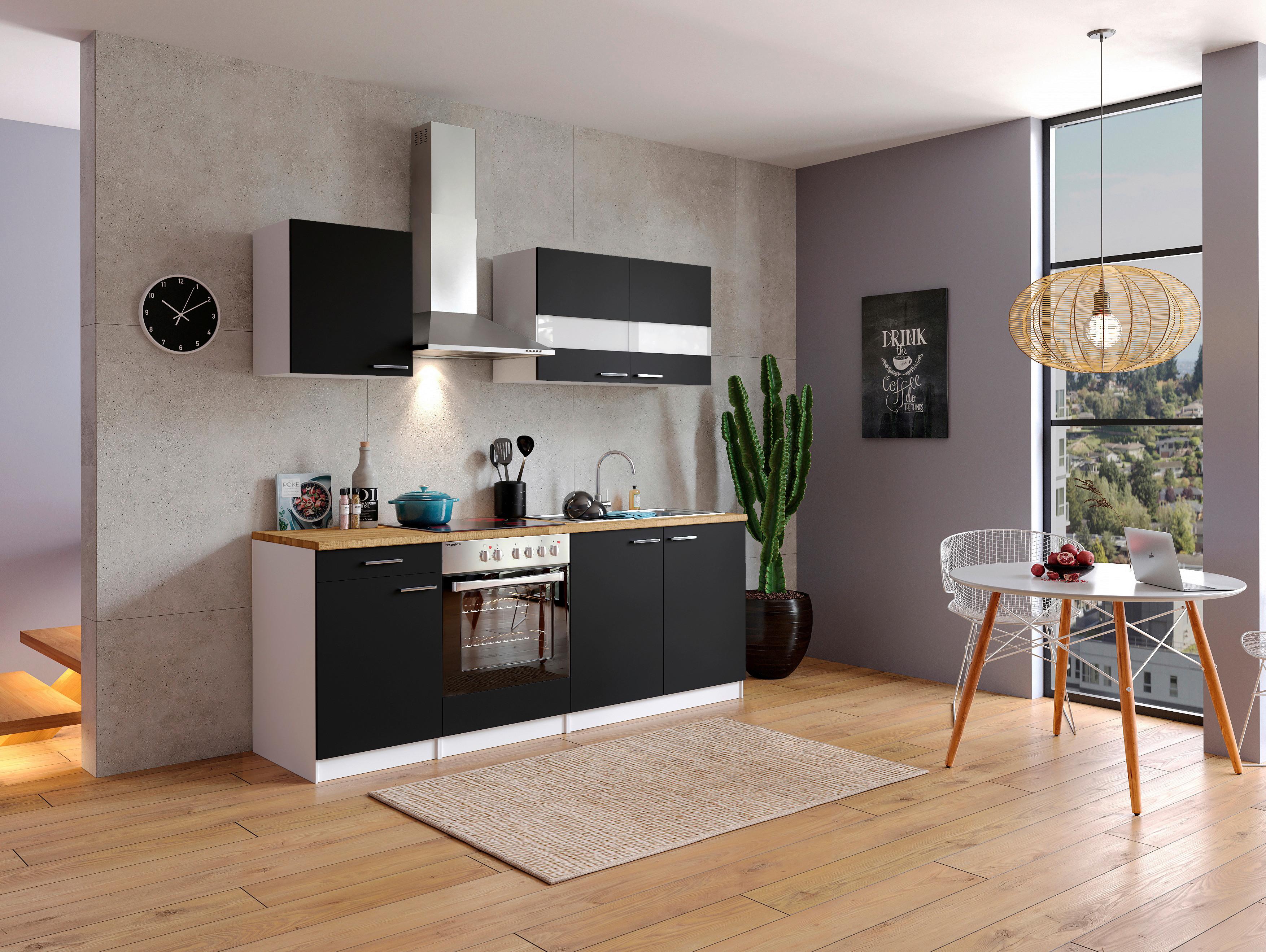 Küchenzeile Economy mit Geräten 210 cm Schwarz/Nussbaum Dekor - Nussbaumfarben/Schwarz, Basics, Holzwerkstoff (210cm) - Respekta
