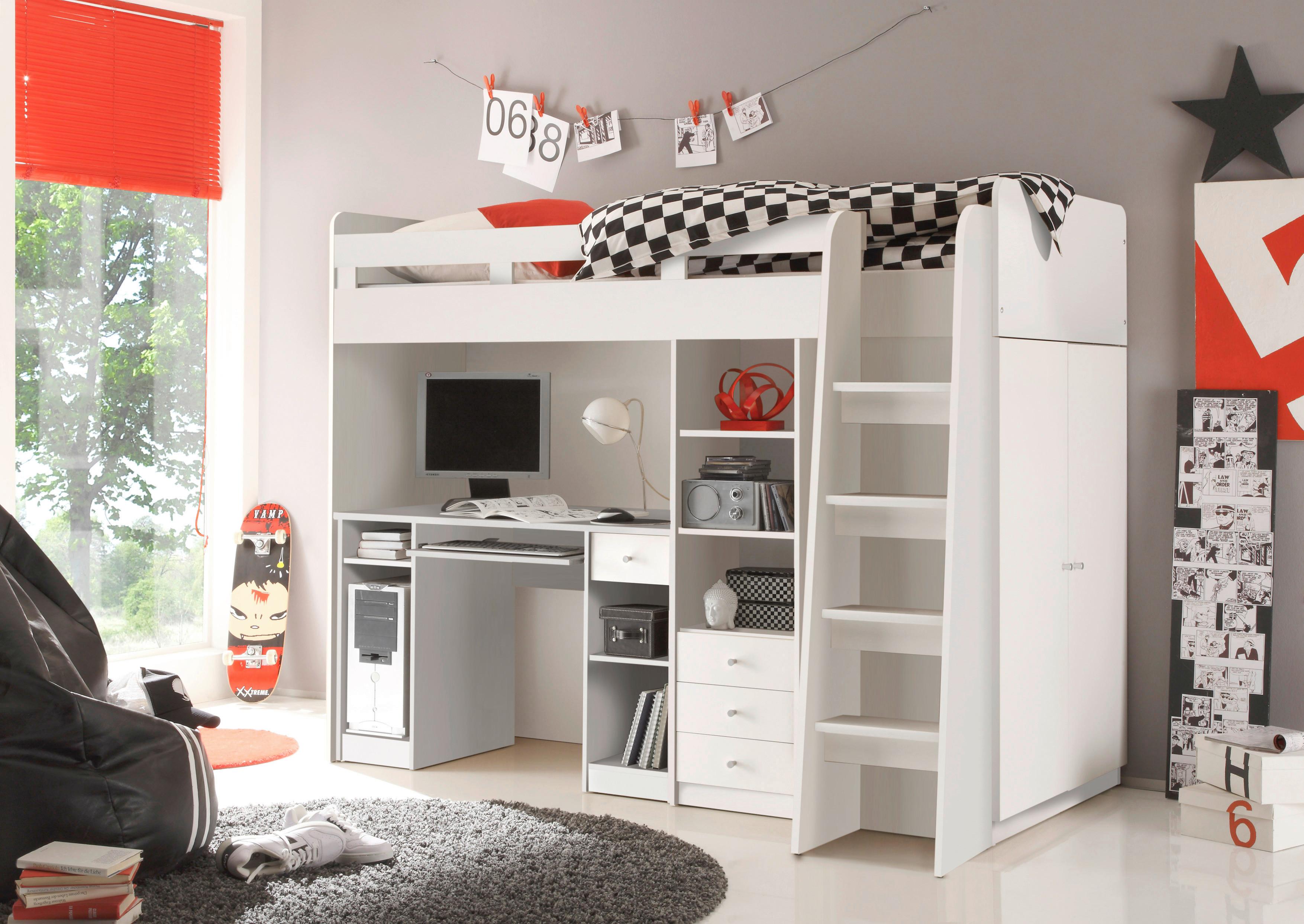 Hochbett Unit 90 cm mit Schreibtisch + Leiter, Weiß