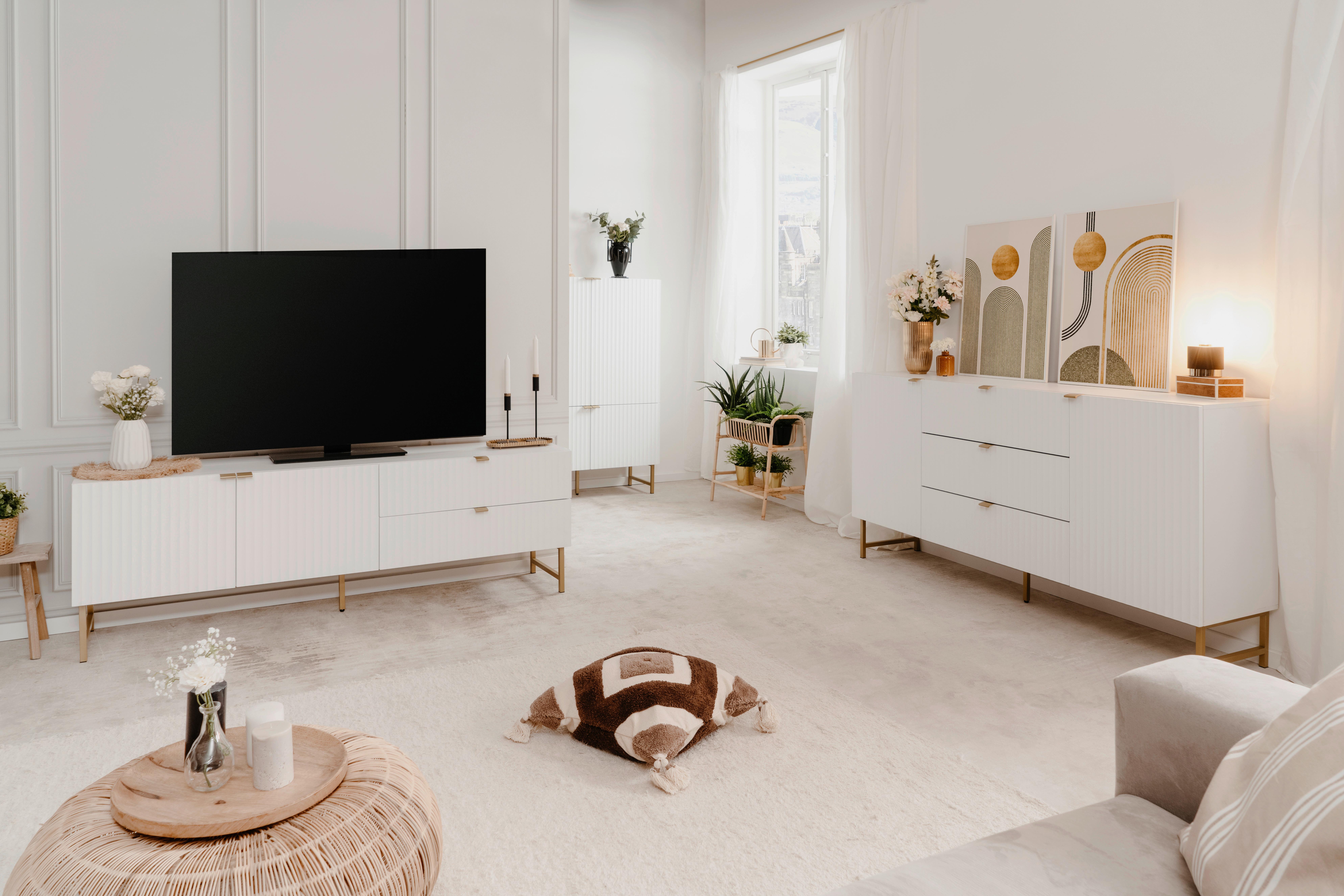 TV-Lowboard Edinburgh B: 179 cm Weiß - Goldfarben/Weiß, Design, Holzwerkstoff (179/61/41cm) - MID.YOU