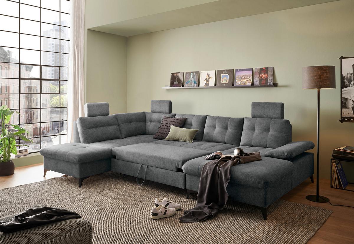 Wohnlandschaft Durban U mit Bettkasten Dunkelgrau - Schwarz/Graphitfarben, KONVENTIONELL, Textil (218/324/170cm) - MID.YOU
