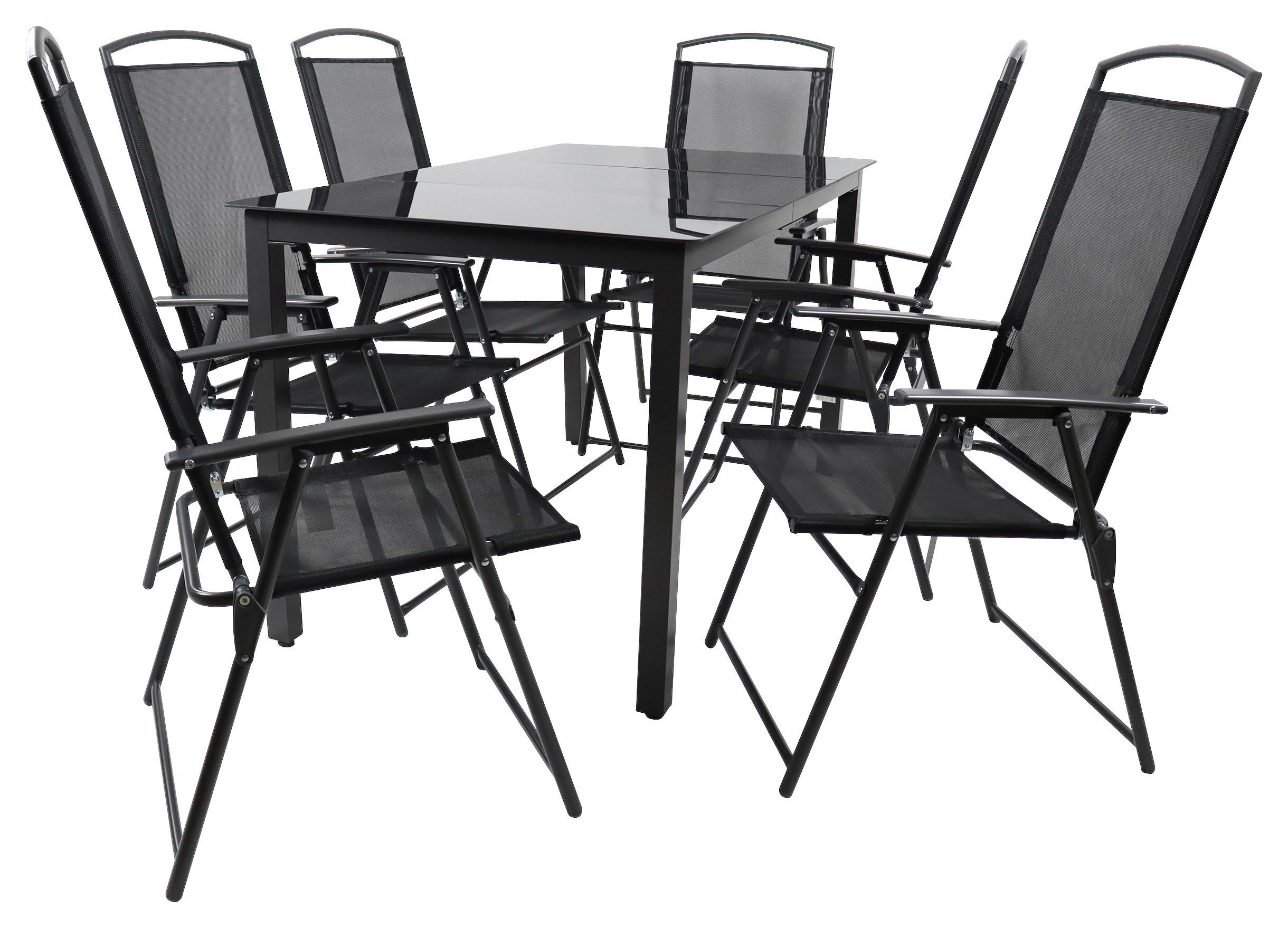 Gartenmöbel Set 7-Tlg. aus Metall/Textil/Glas - Anthrazit/Schwarz, Basics, Glas/Textil - Gardenson