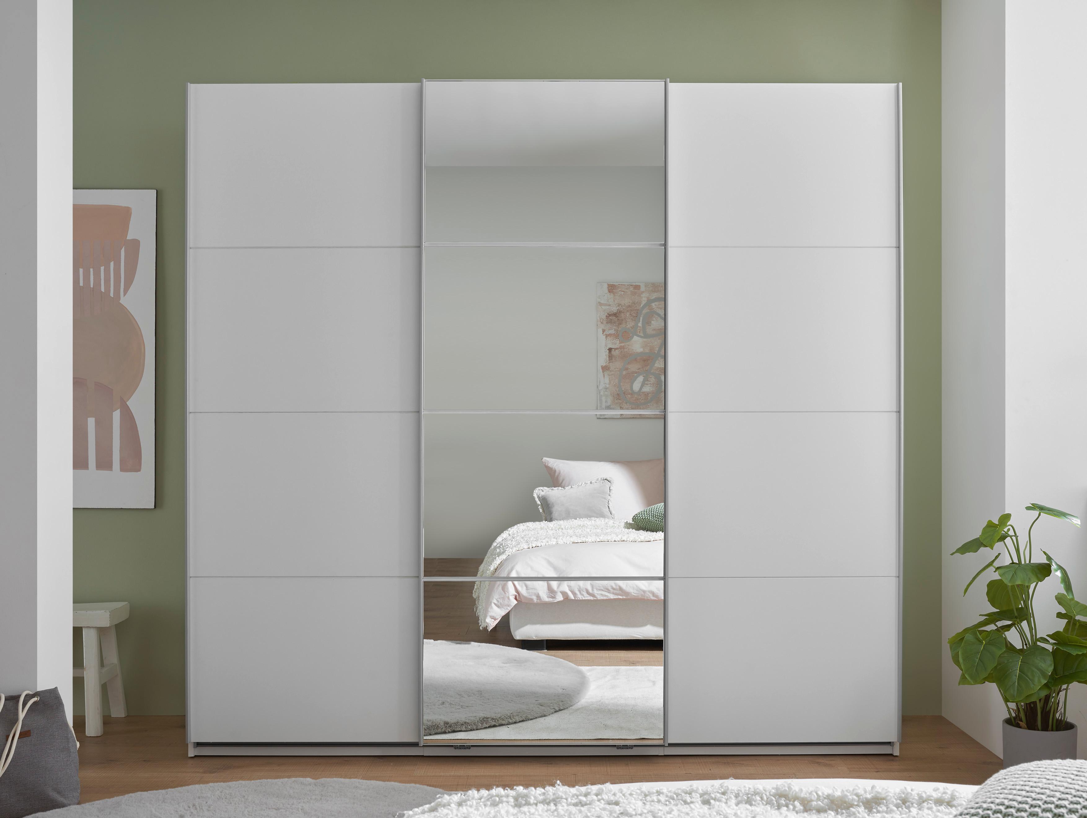 Schwebetürenschrank 3-Trg. Mit Spiegel 215 cm, Weiß - Weiß, KONVENTIONELL, Glas/Holzwerkstoff (215/204/60cm)