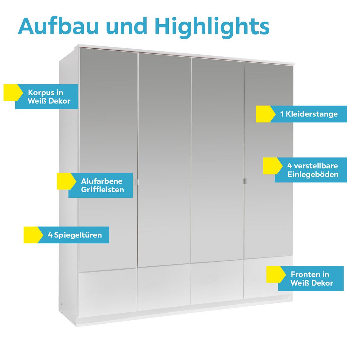 Drehtürenschrank Mit Spiegel 180cm Imago, Weiß - Weiß, KONVENTIONELL, Glas/Holzwerkstoff (180/199/58cm) - MID.YOU