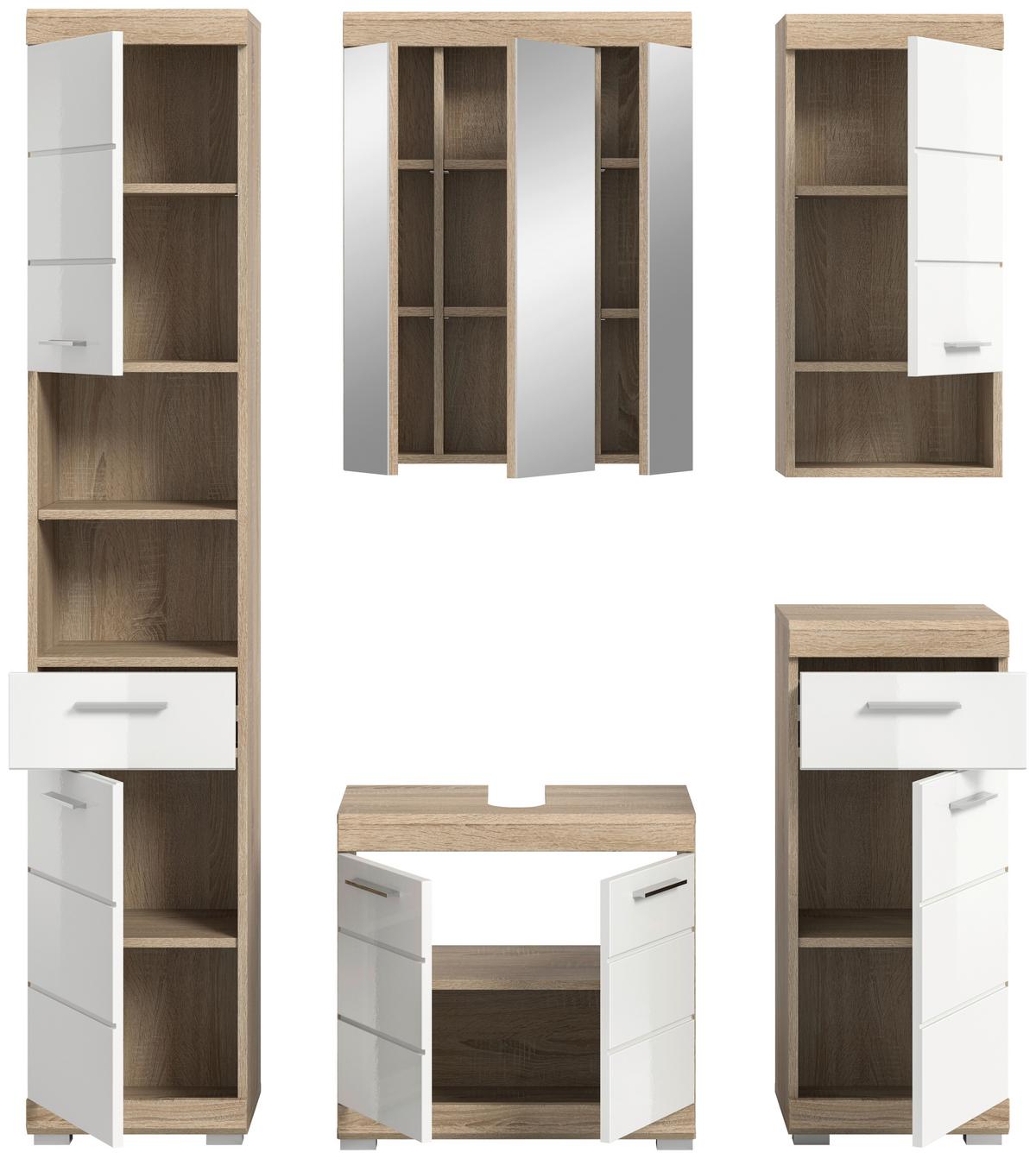 Badezimmer Lambada Eiche Dekor/Weiß B: 134 cm - Weiß Hochglanz/Silberfarben, MODERN, Glas/Holzwerkstoff (134cm) - MID.YOU
