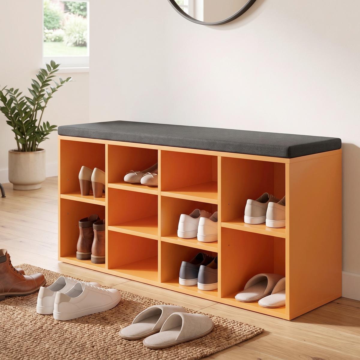 Schuhregal mit Sitzkissen Orange, Schwarz, B: 103,5 cm - Schwarz/Orange, Basics, Holzwerkstoff/Textil (103,5/48/29,5cm) - Kesper