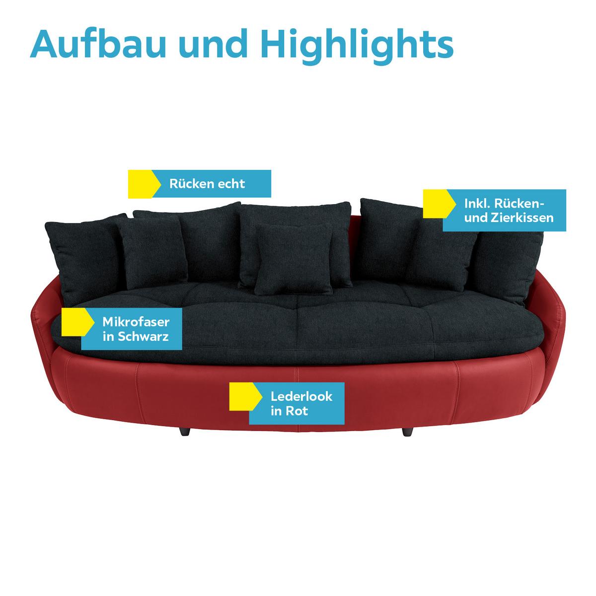 Big Sofa Aruba mit Kissen Schwarz/Rot Lederlook - Rot/Schwarz, LIFESTYLE, Textil (238/80/140cm)