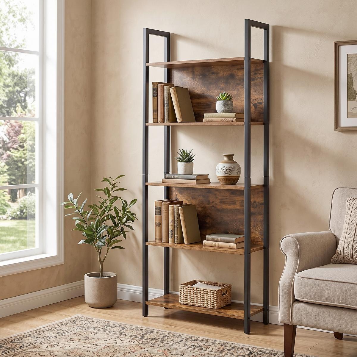 Bücherregal Rustikal B: 62 cm Braun/Schwarz - Schwarz/Braun, Basics, Holzwerkstoff/Metall (62/165/24cm) - Boxxx