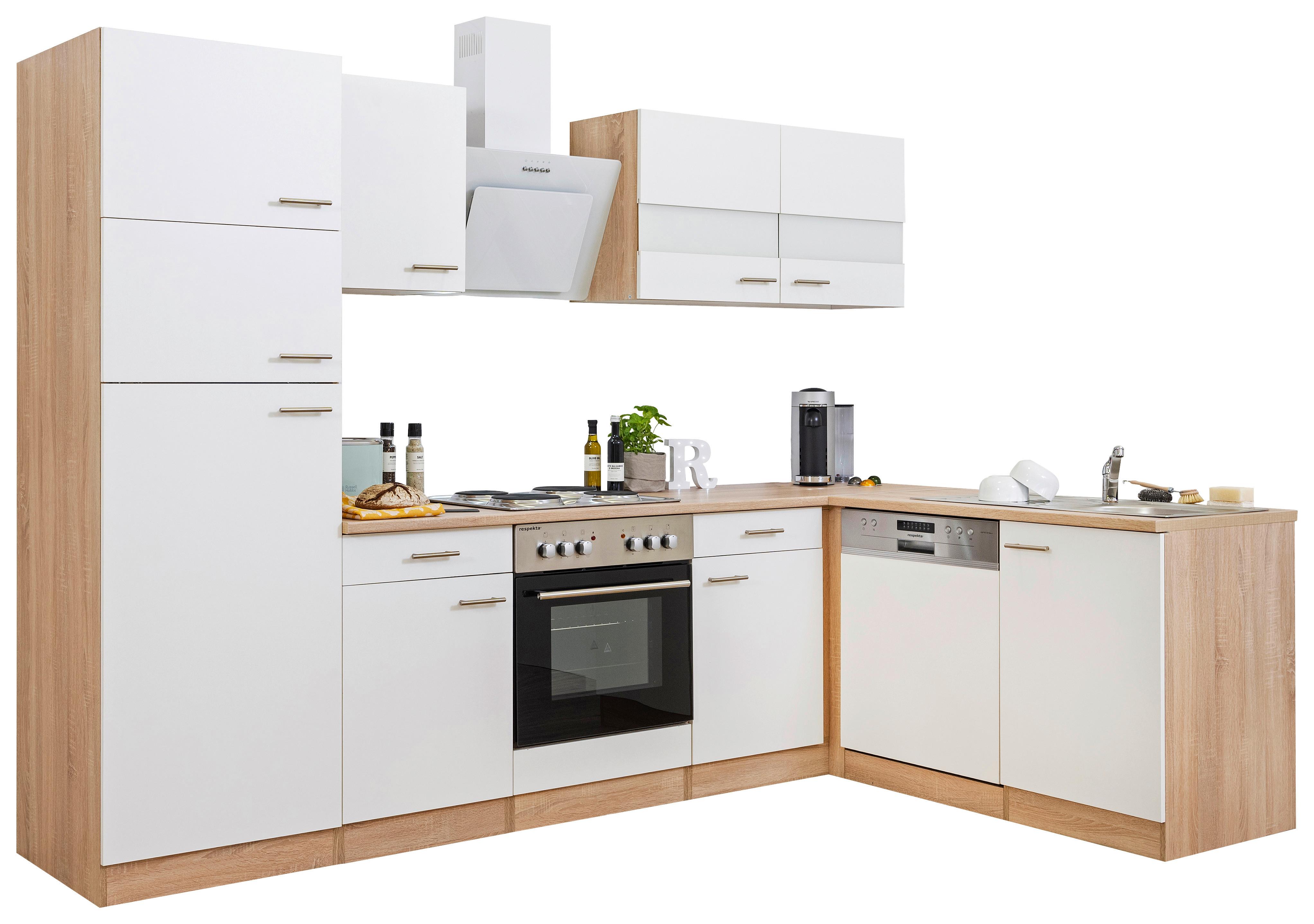 Eckküche Economy mit Geräten 172x280 cm Weiß/Eiche Dekor - Eichefarben/Eschefarben, Basics, Glas/Holzwerkstoff (280/172cm) - Respekta