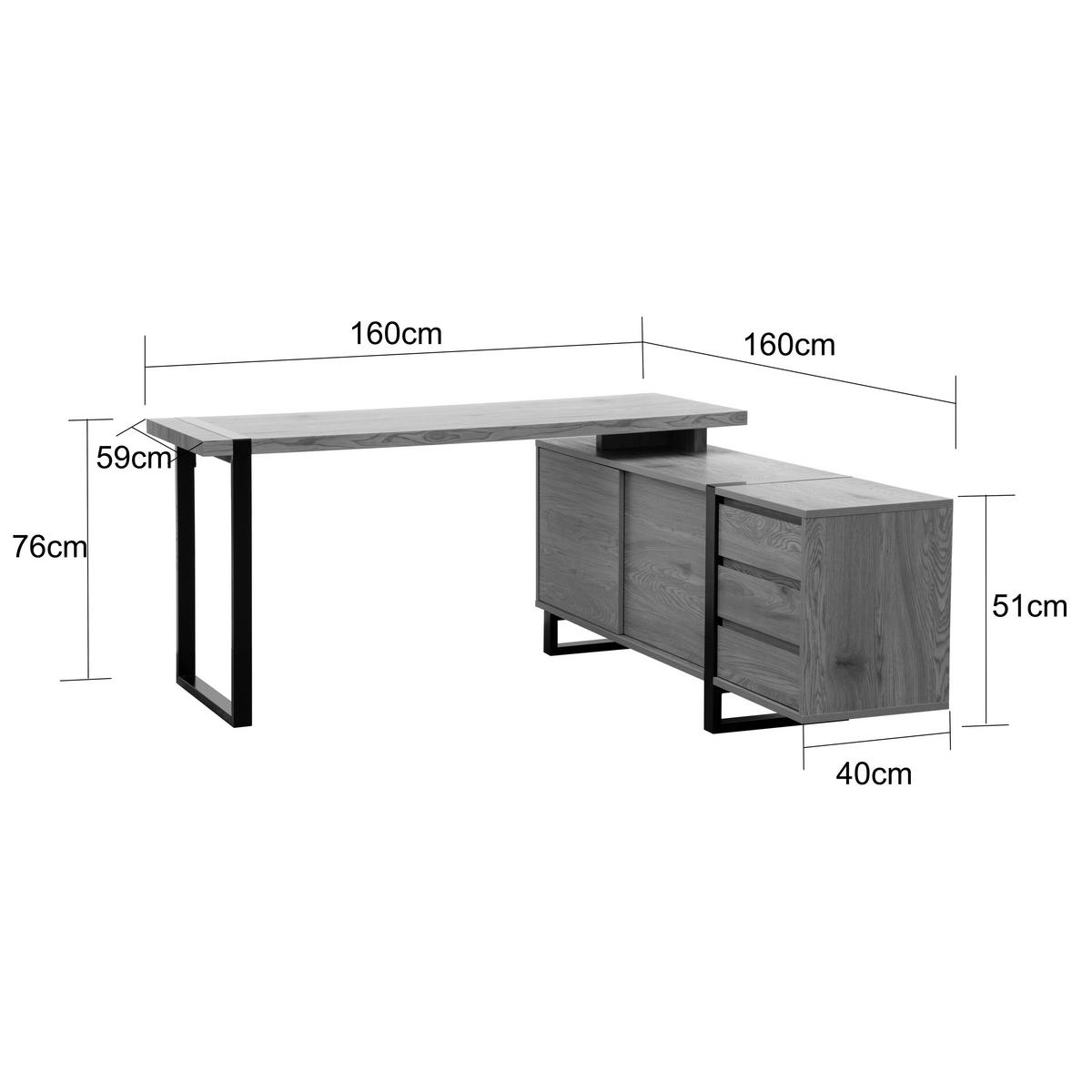 Eckschreibtisch Ray Schwarz/Eichefarben L: 160 cm - Eichefarben/Schwarz, MODERN, Holzwerkstoff/Metall (160/160/76cm) - MID.YOU