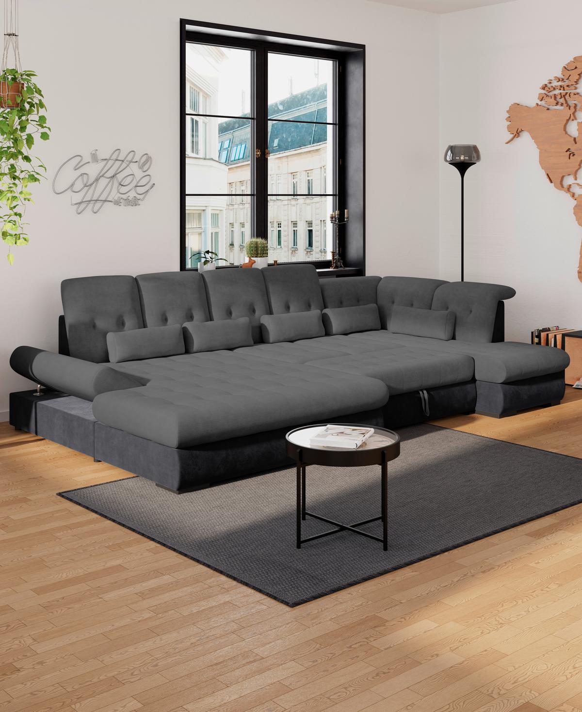 Wohnlandschaft Madera Anthrazit B: 358 cm - Anthrazit/Schwarz, KONVENTIONELL, Kunststoff/Textil (190/358/212cm)