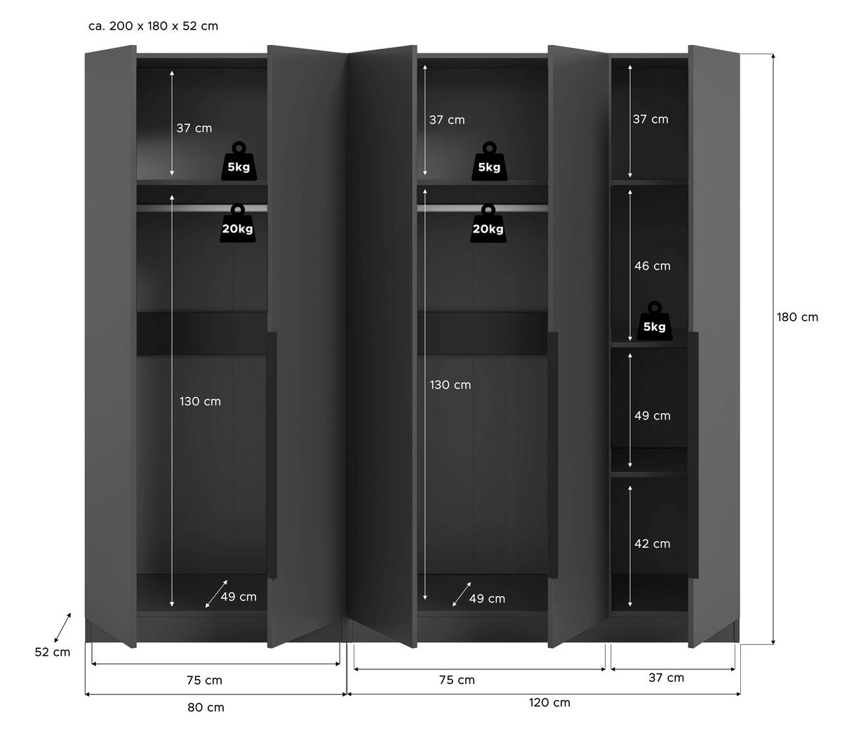 Drehtürenschrank Kopenhagen Anthrazit B: 200 Cm - Anthrazit, MODERN, Holzwerkstoff (200/181/52cm) - MID.YOU