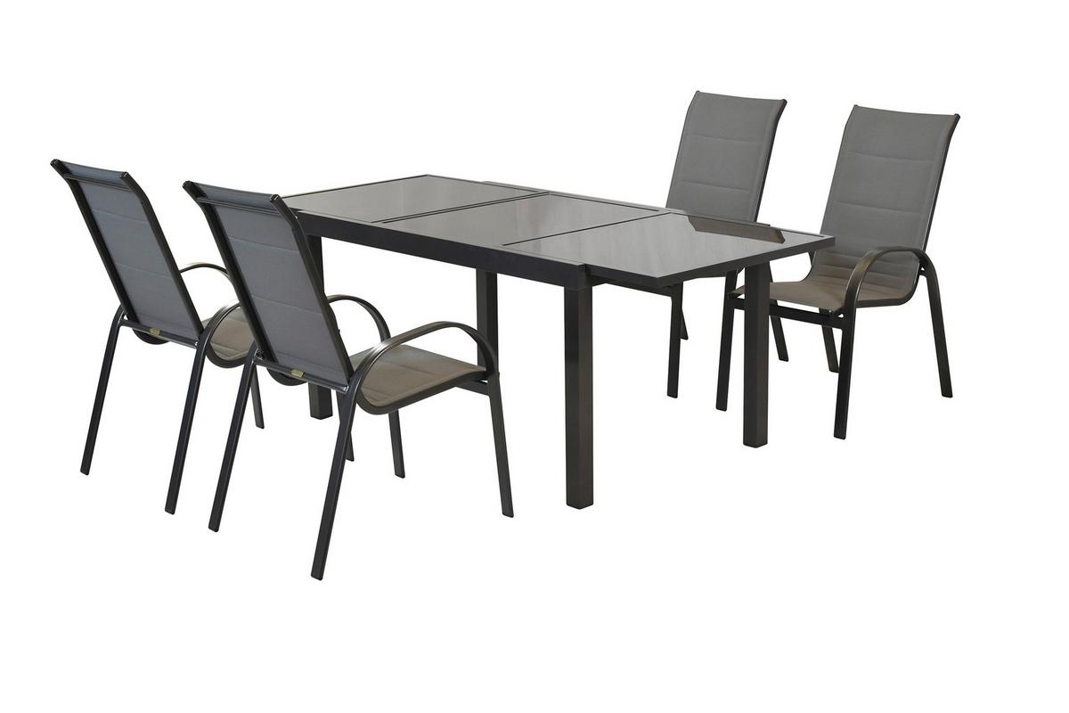 Gartentischgruppe Amalfi 5 -Teilig. Graphitfarben/Grau - Graphitfarben/Braun, KONVENTIONELL, Glas/Textil - Gardenson