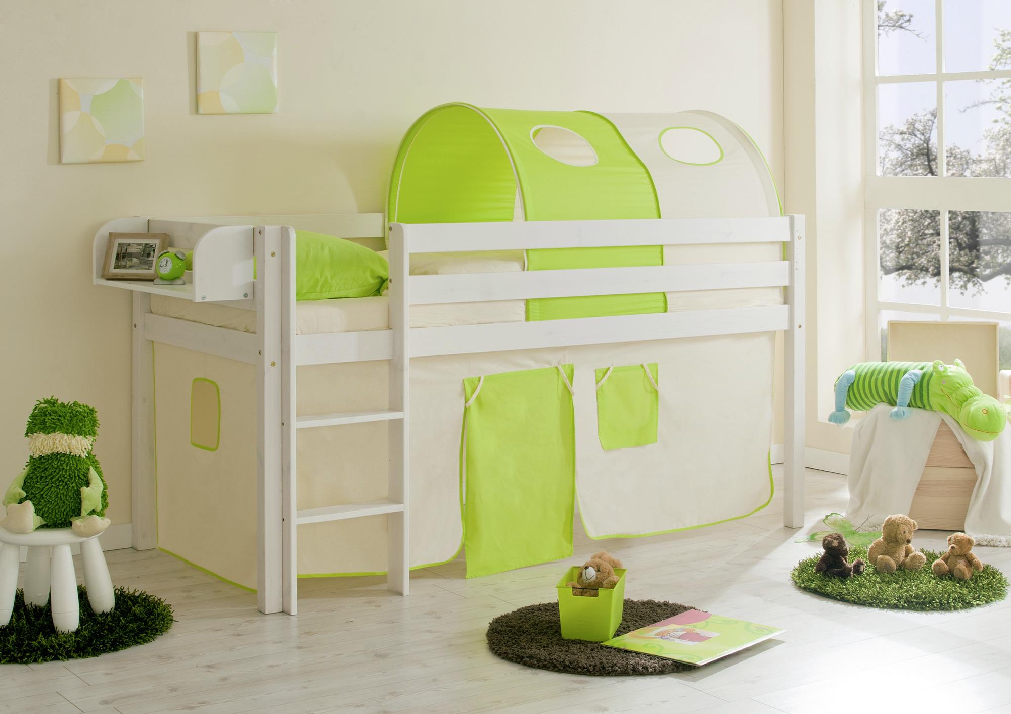 Kinderbett Malte 90x200cm Holz Massiv Weiß/Grün mit Vorhang