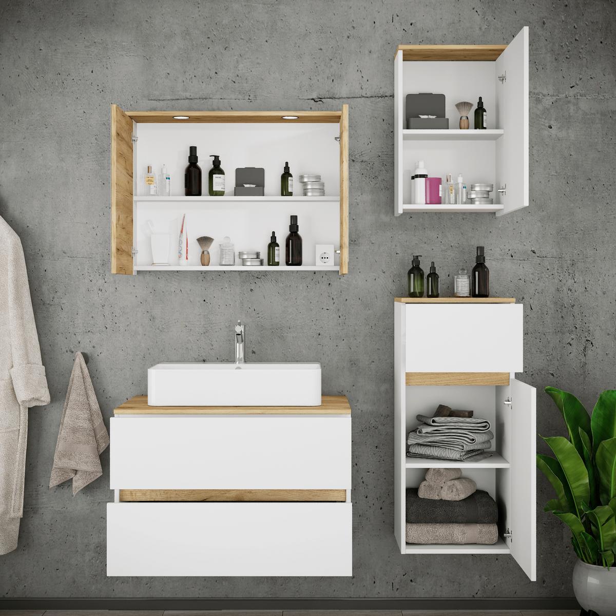 Fürdőszobabútor Cosila - méztölgy színű/fehér, Trend, faalapú anyag/kerámia (120cm) - MID.YOU