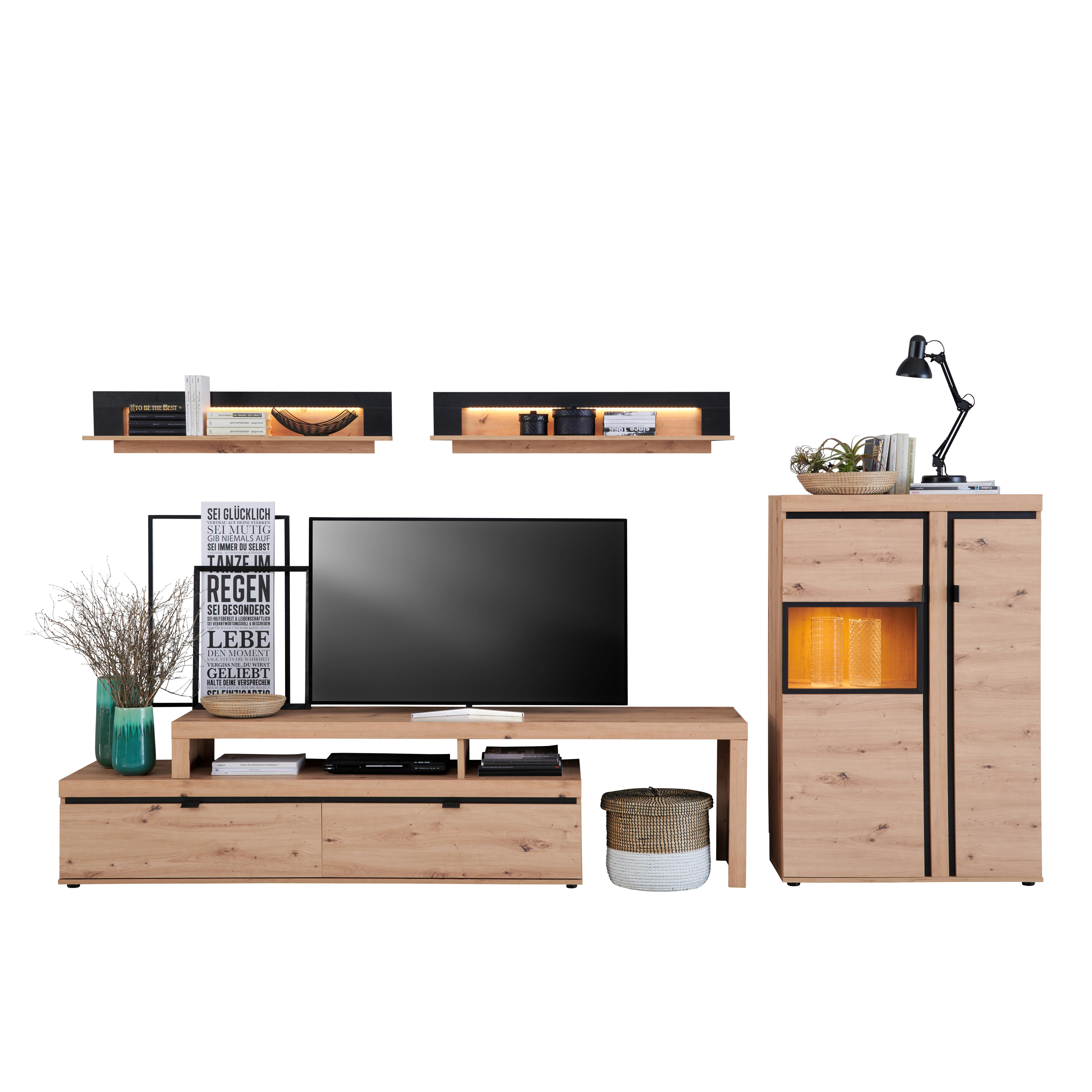 Wohnkombination 4--Teilig. mit LED Nyon, Eiche Dekor/Schwarz