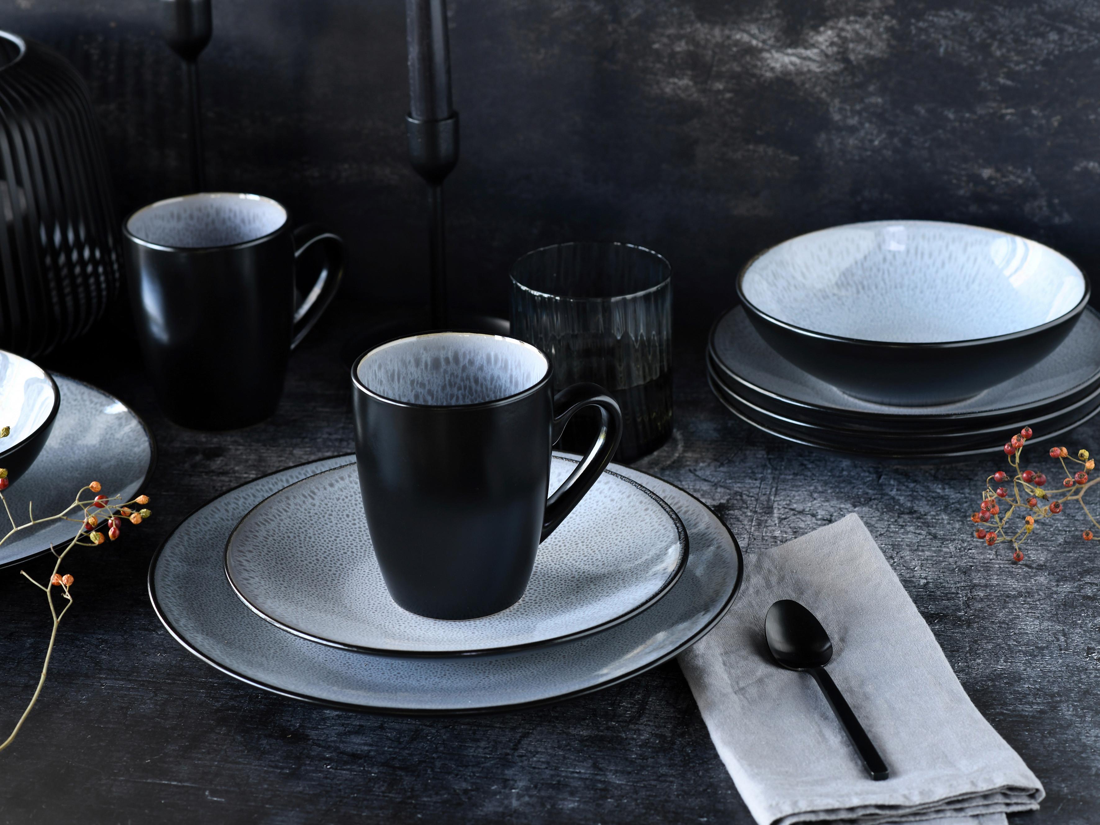 Kombiservice Malmö Schwarz, Grauweiß 16--Teilig - Grauweiß/Schwarz, Basics, Keramik - Creatable