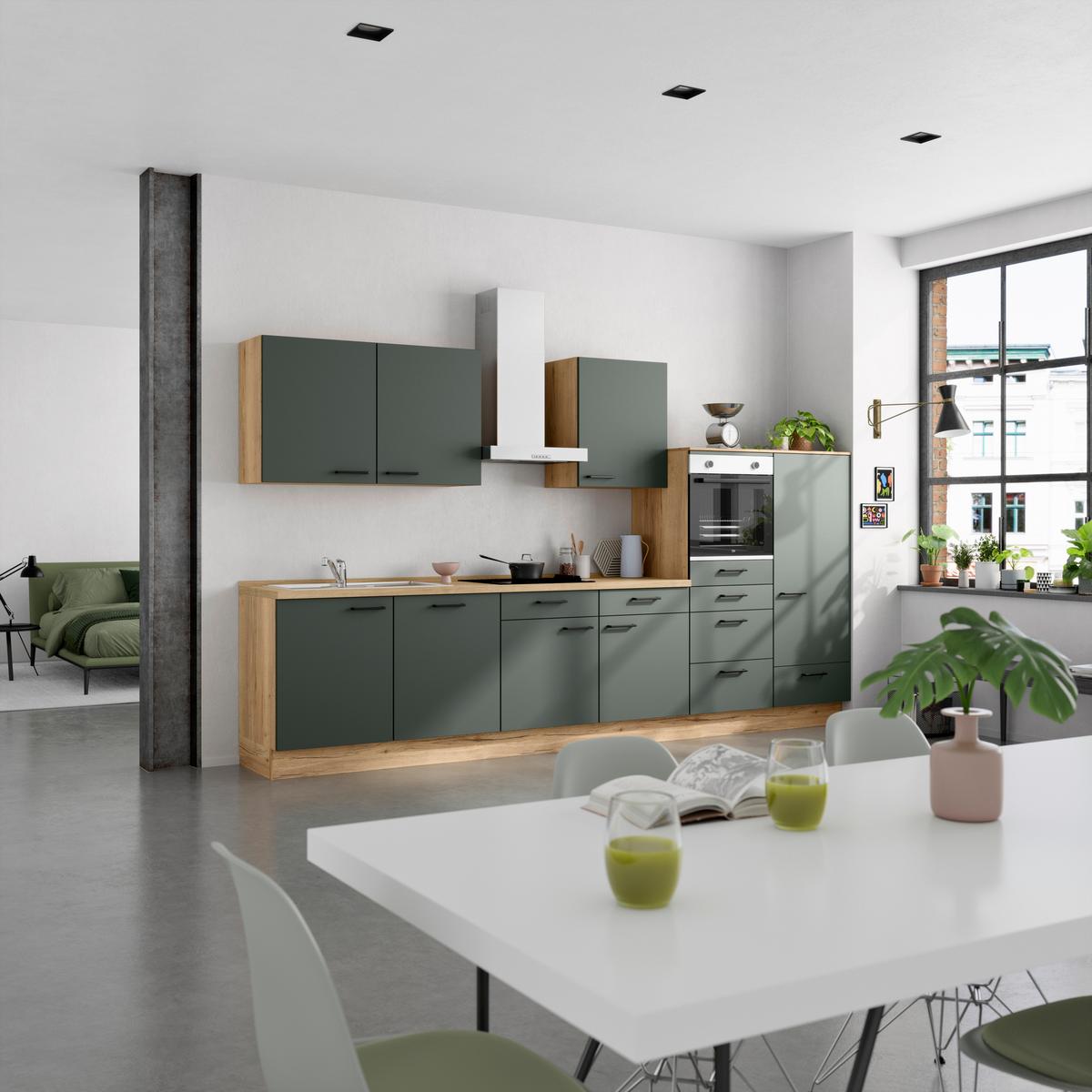 Kuchyňská linka 360 cm, minerální zelená,ultra matná - barvy dubu/černá, Moderní, kov/kompozitní dřevo (360cm) - Nobilia