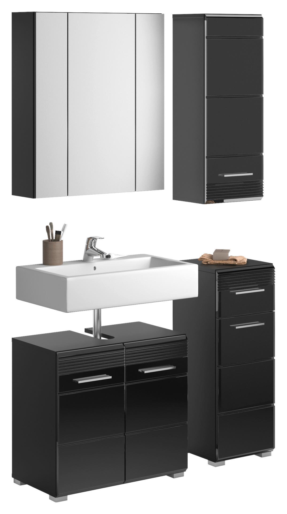 Badezimmer Linus Schwarz Hochglanz B:90cm - Schwarz Hochglanz/Silberfarben, MODERN, Glas/Holzwerkstoff (90cm) - MID.YOU