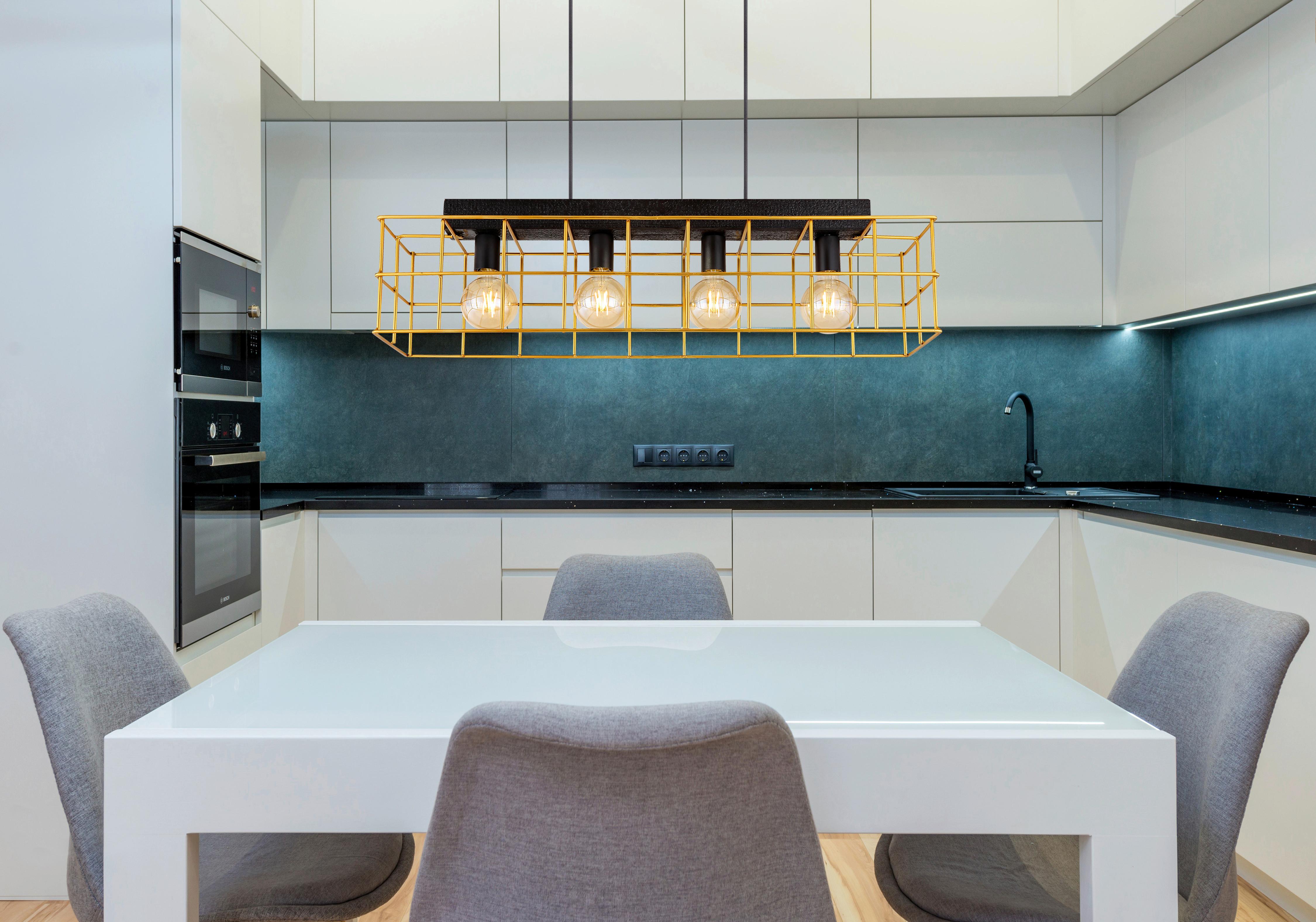 Hängeleuchte H: 150 cm 4-Flammig - Goldfarben/Schwarz, Design, Holz/Metall (90/20/150cm) - Globo
