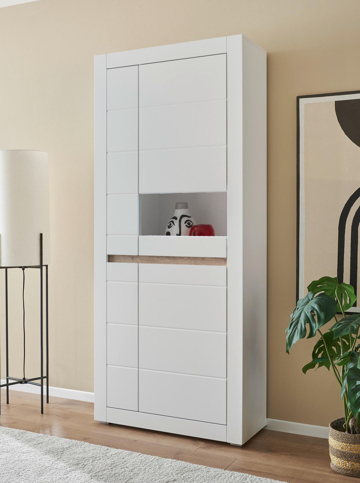 Vitrine Chester Weiß/Eichefarben B: 85cm - Eichefarben/Silberfarben, Design, Holzwerkstoff (85/198/35cm) - MID.YOU