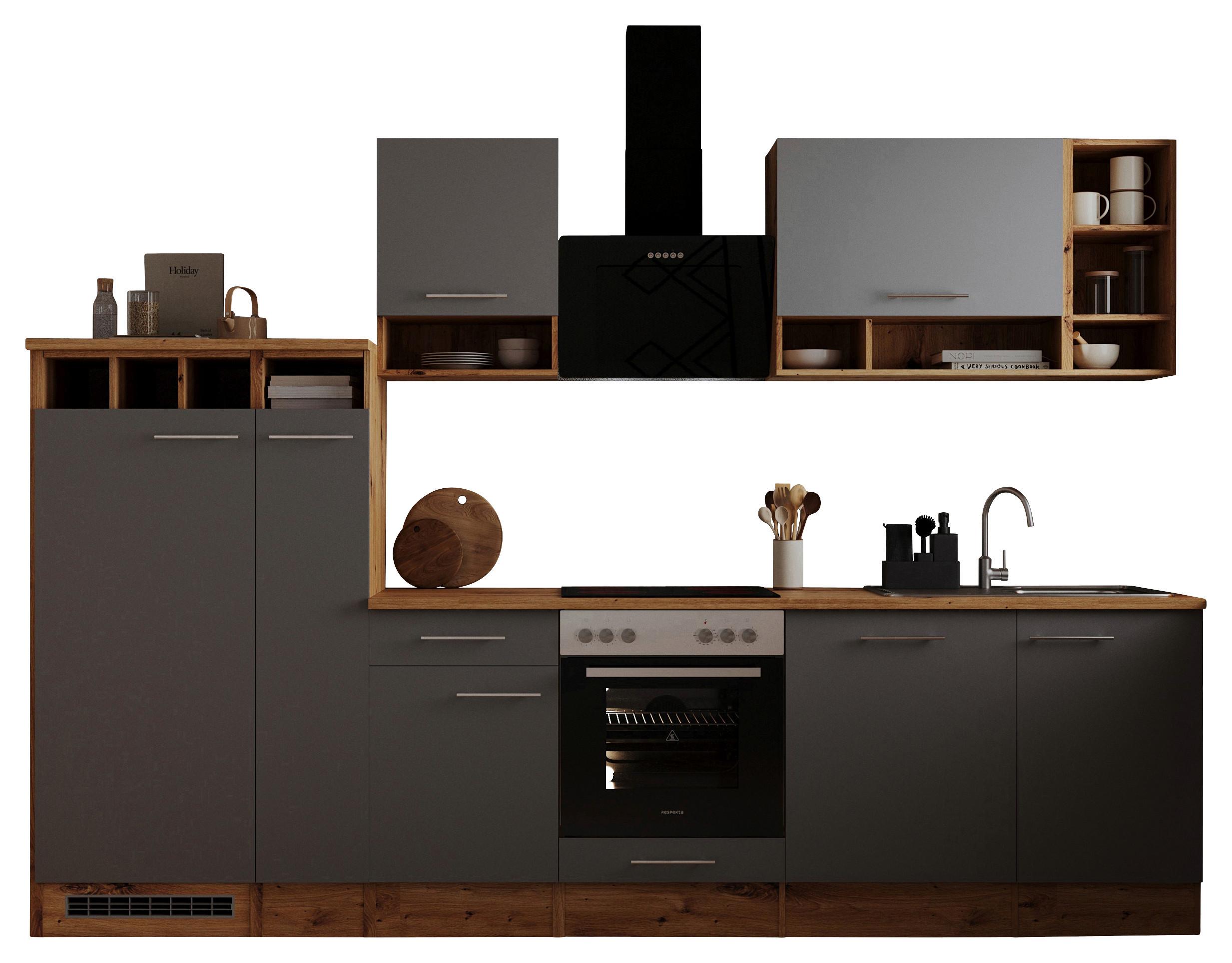 Küchenzeile Economy Mit Geräten 310 cm Grau/Wildeiche - Wildeiche/Grau, Basics, Holzwerkstoff (310cm) - Respekta